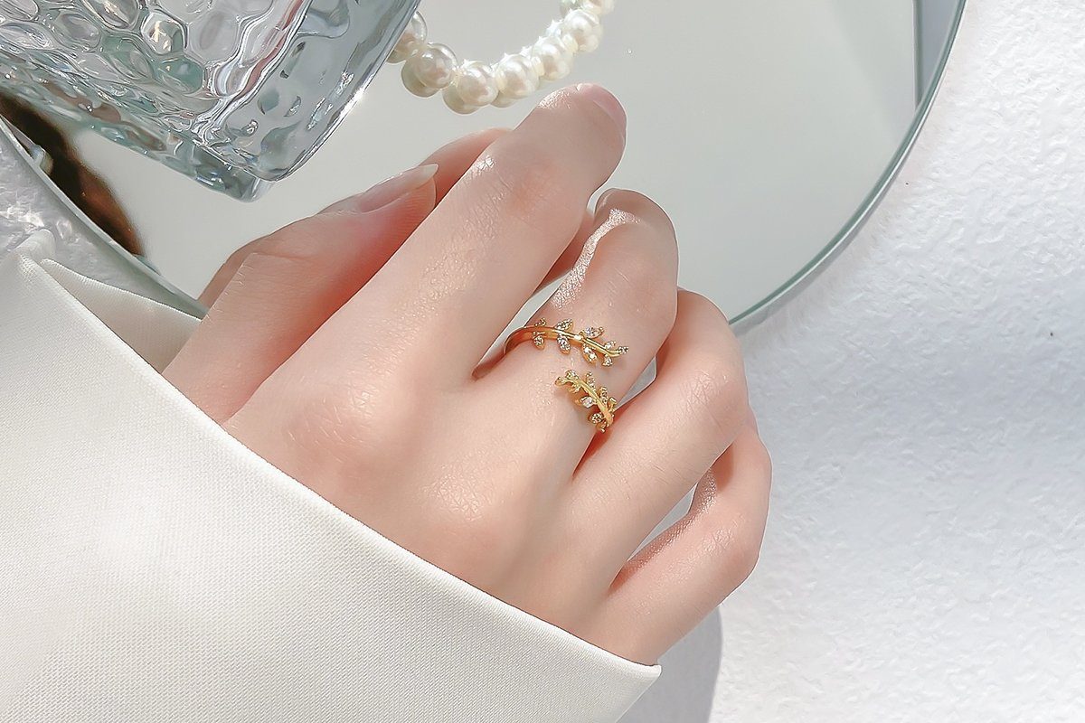 mit Größenverstellbar Ring Eyecatcher Blätter Eleganter Zirkonia, Fingerring