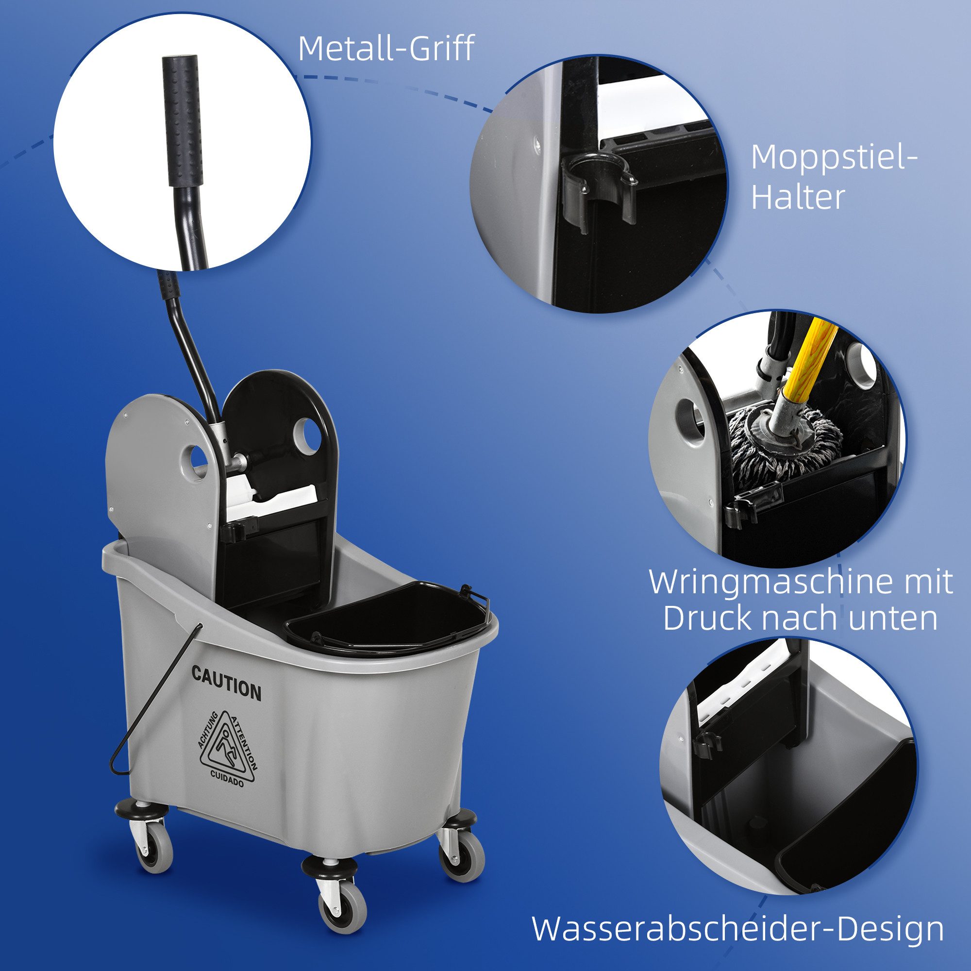 HOMCOM Putzeimer mit Wringer Reinigungswagen, 4 bewegliche Räder, 2 separate Eimer, (Mop-Eimer, 1-tlg., Reinigungswagen), für Wohnzimmer, Grau