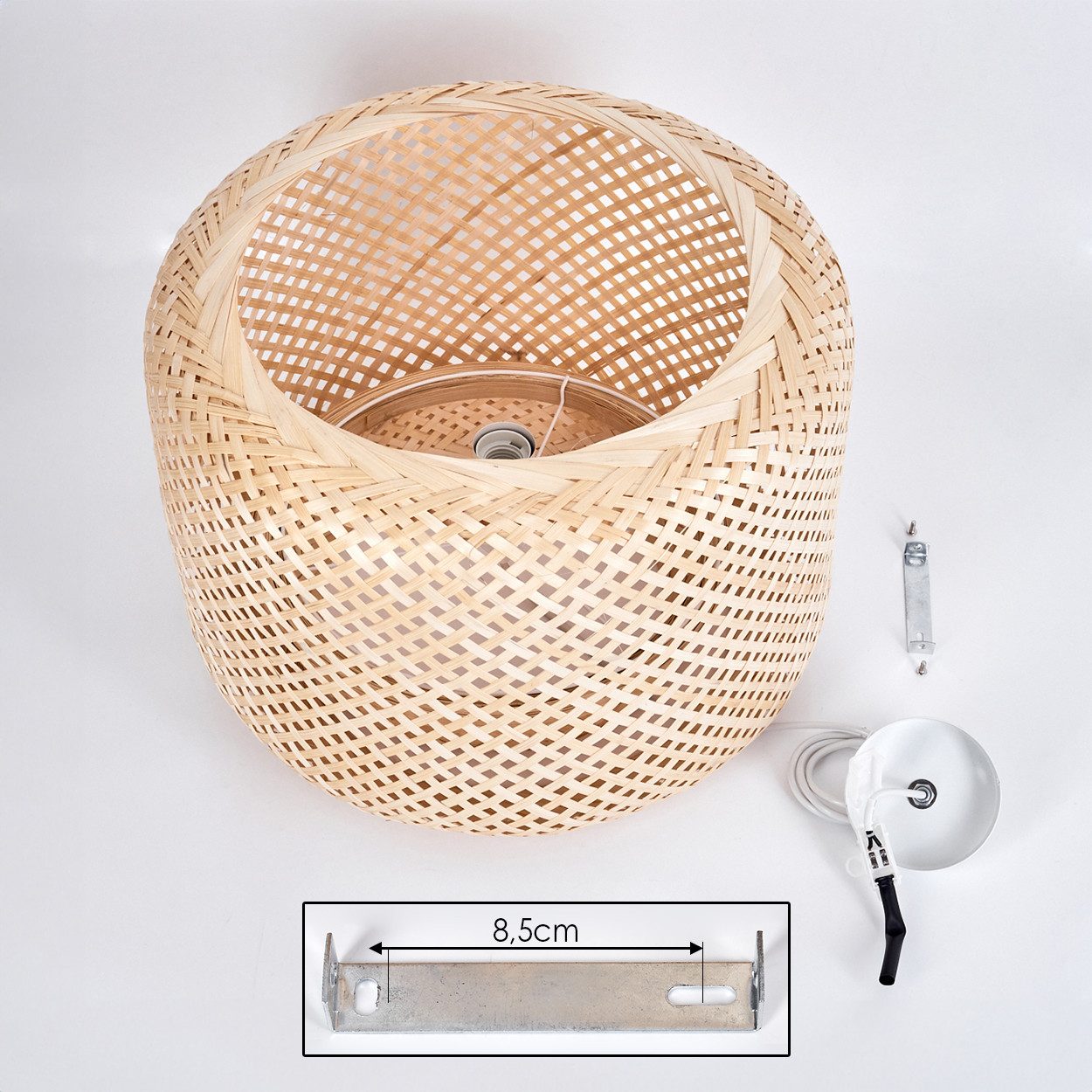 hofstein Hängeleuchte Hängelampe aus Metall/Bambus in Weiß/Naturfarben, ohne Leuchtmittel, Hängeleuchte im Boho-Design, Schirm in Gitter-Optik (45cm), 140cm, E2 – Bild 5 von 5