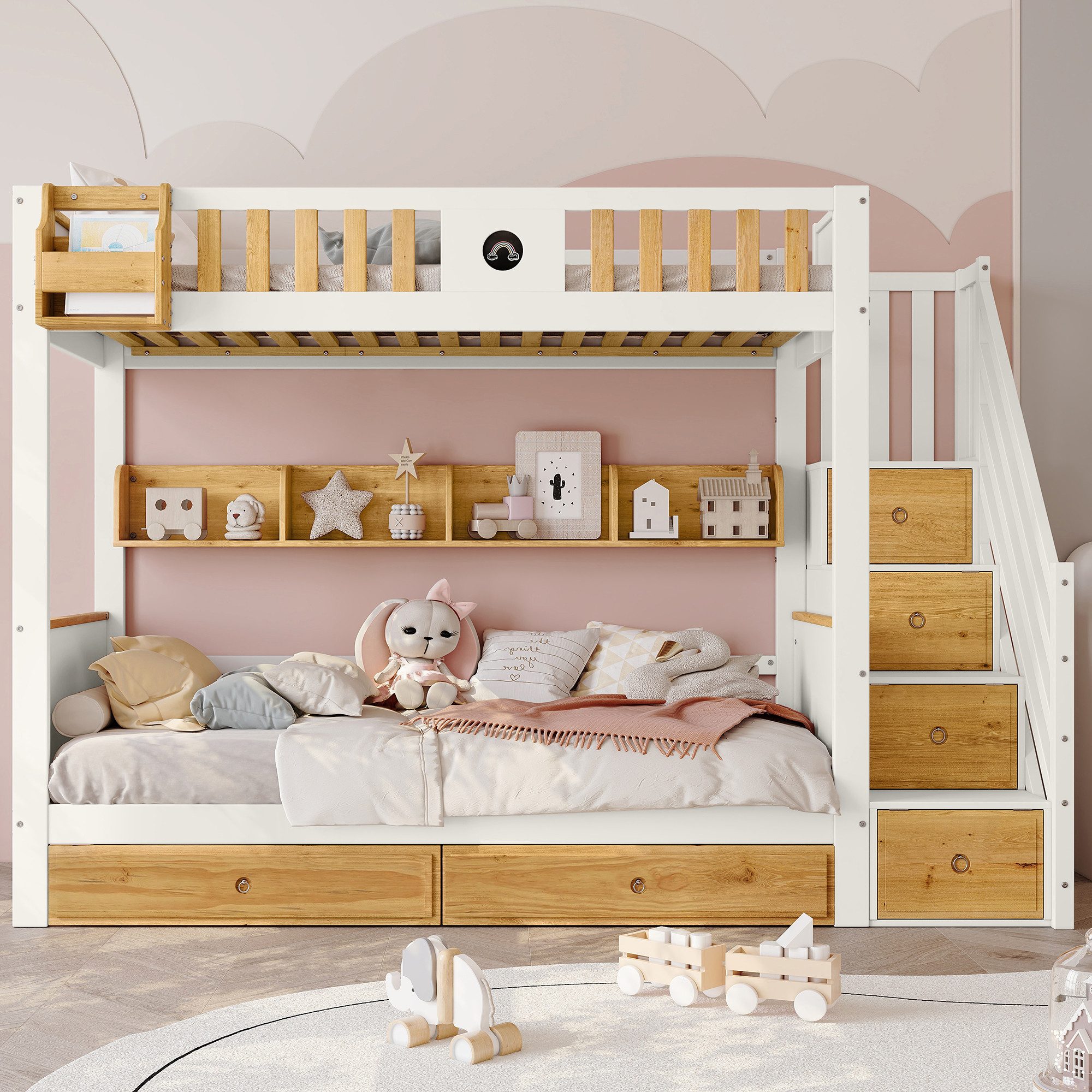 Flieks Etagenbett, Massivholz Kinderbett mit Stauraumtreppe günstig online kaufen