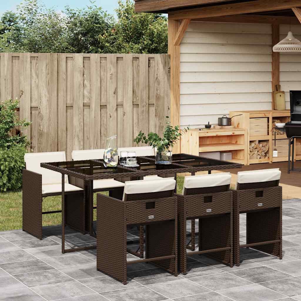 vidaXL Garten-Essgruppe 7-tlg. Garten-Essgruppe mit Kissen Braun Poly Rattan, (6-tlg)
