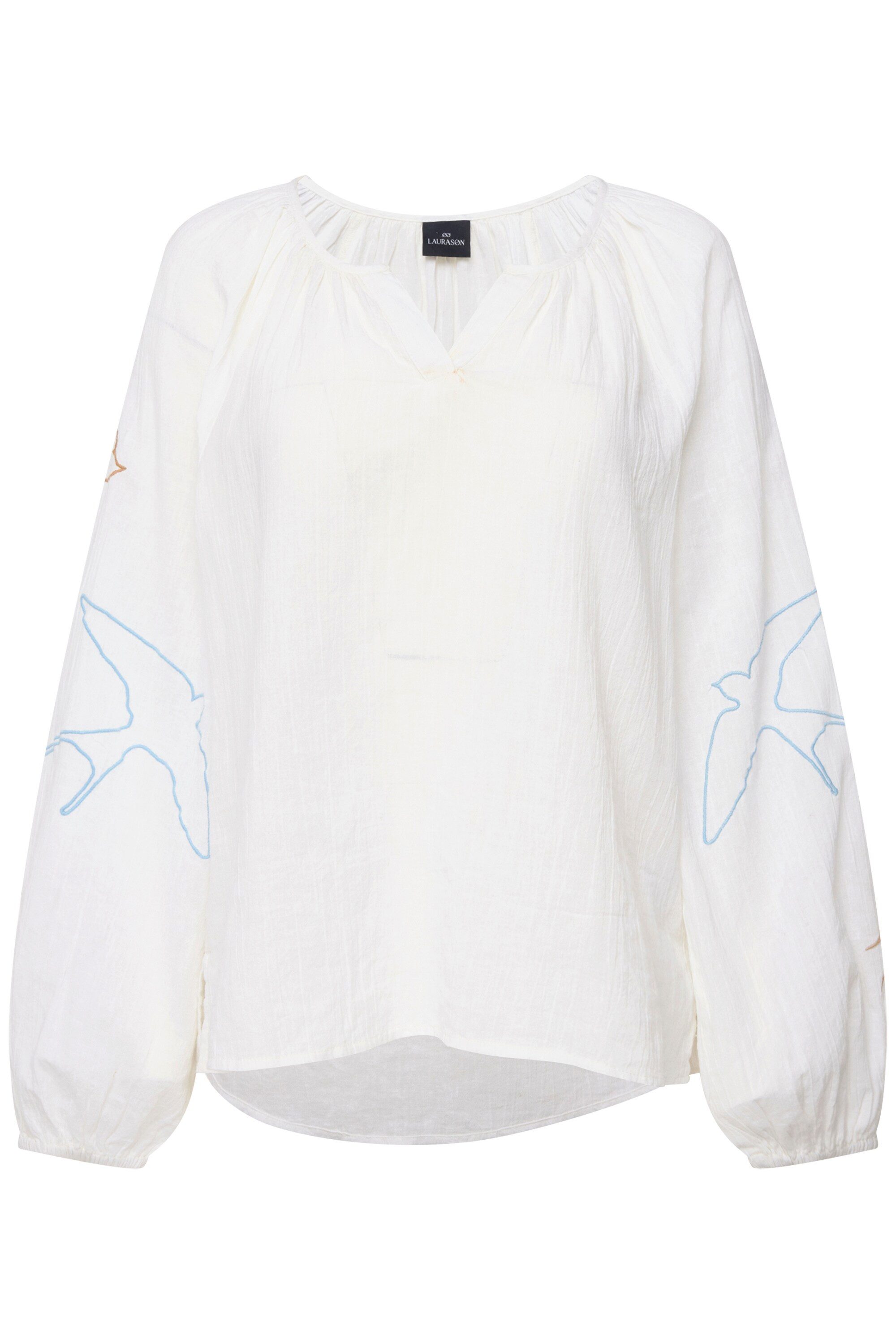 Laurasøn Satinbluse Bluse Vogel-Stickerei Tunika-Ausschnitt günstig online kaufen