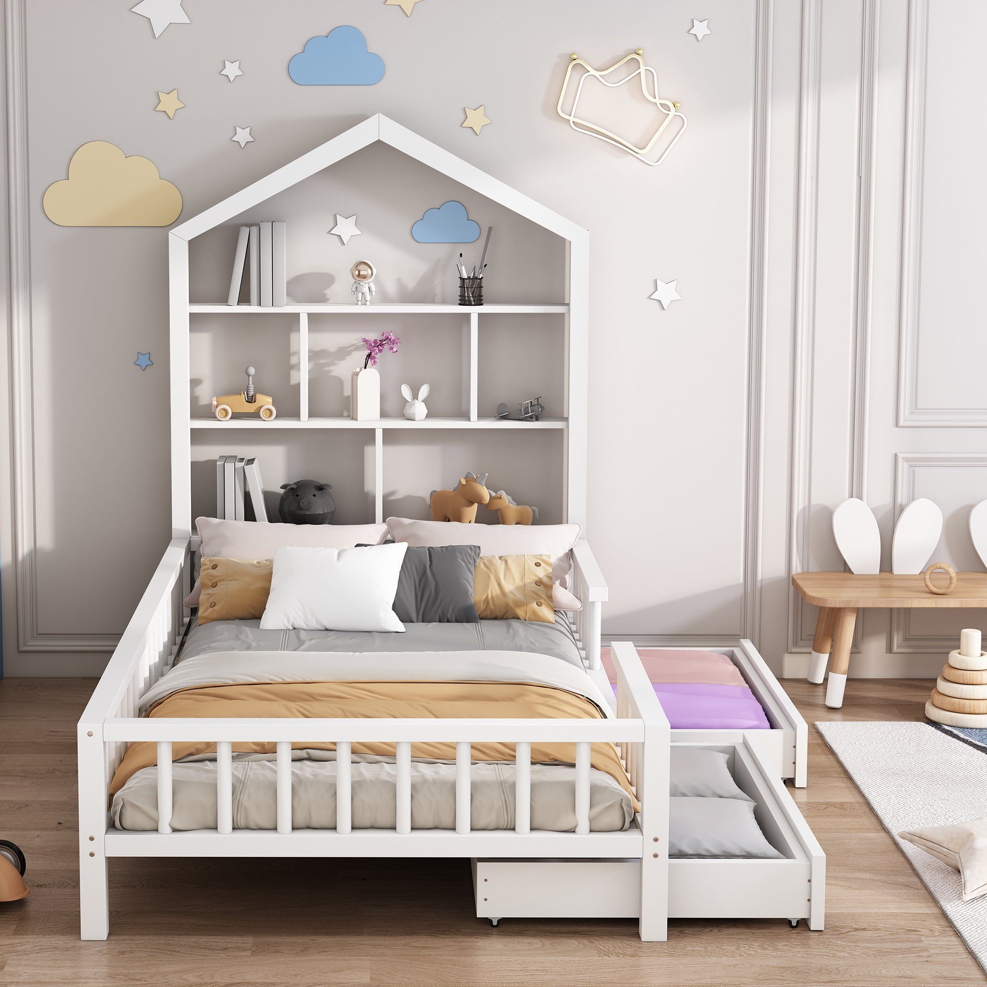 Kinderbett (Jugendbett Einzelbett 90x200cm), mit Schubladen und Lattenrost, Hausbett mit Bücherregal Rausfallschutz