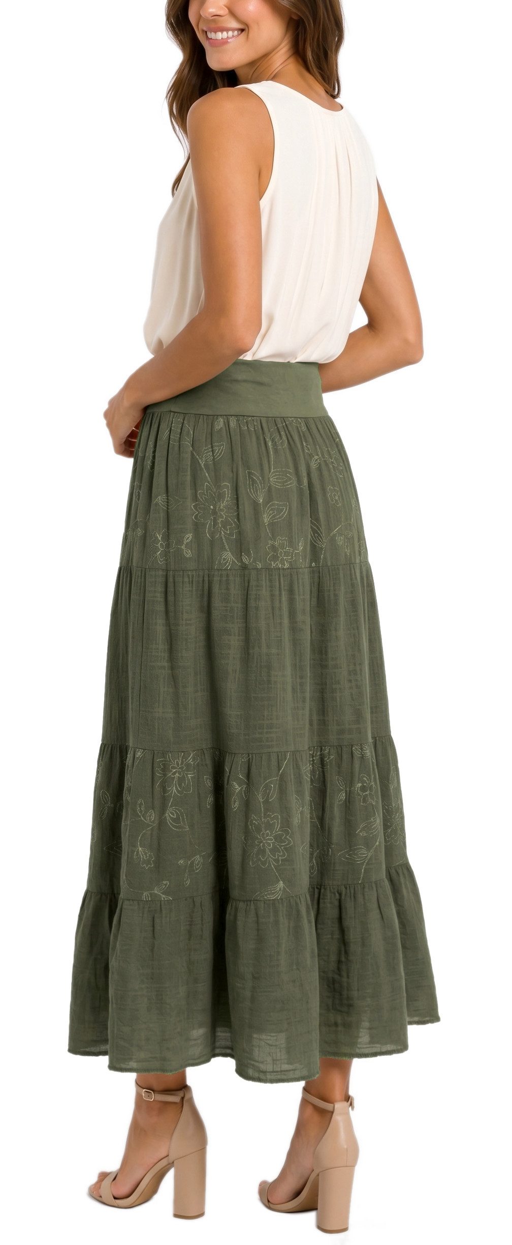 dy_mode Maxirock Damen Maxirock Luftiger Stufenrock Langer Baumwollrock Sommerrock in Unifarbe, mit Gummibund, Blumenstickerei