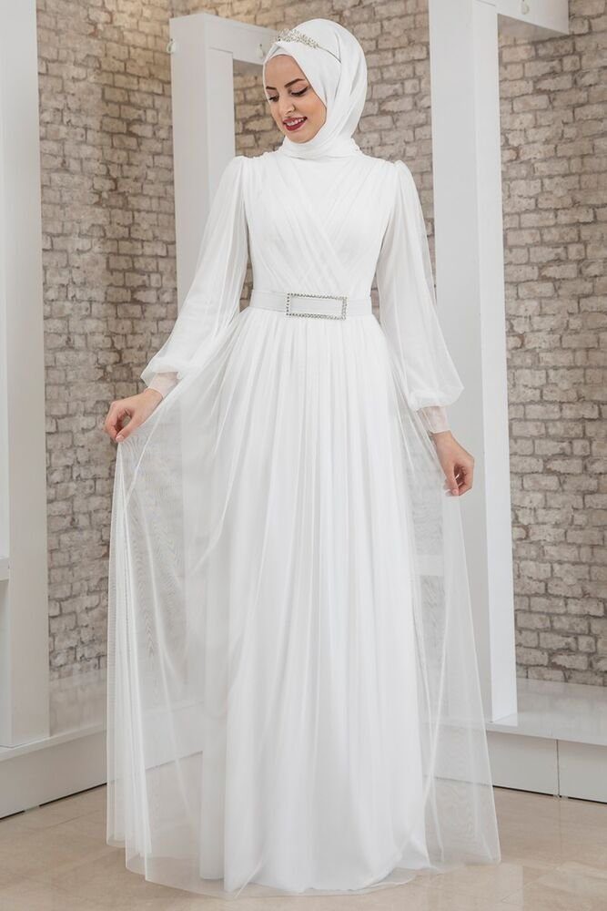 Modavitrini Brautkleid Damen Hochzeitskleid Abendkleid Ekru Hijab Kleid  Weißes Maxikleid Blickdicht, Hijab-Dress