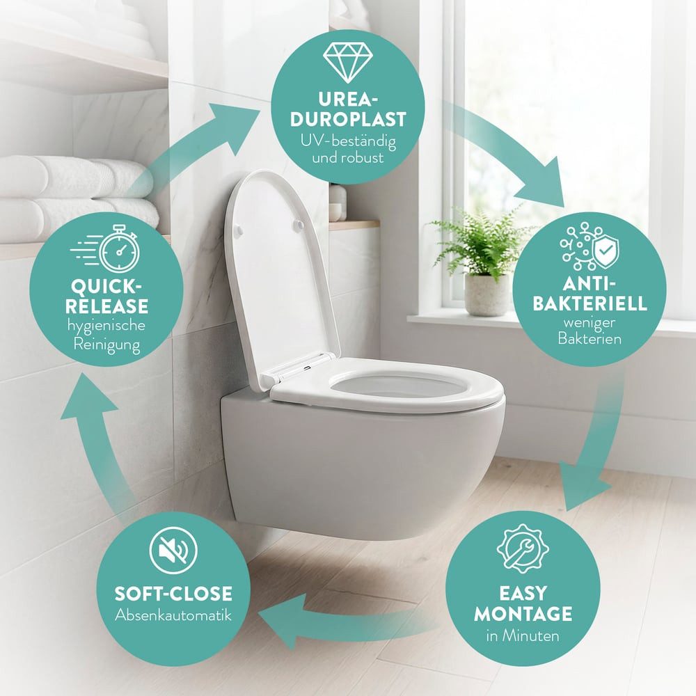 Benkstein WC-Sitz Premium Toilettendeckel antibakteriell D-Form (7-St), mit Quick-Release-Funktion und Softclose Absenkautomatik