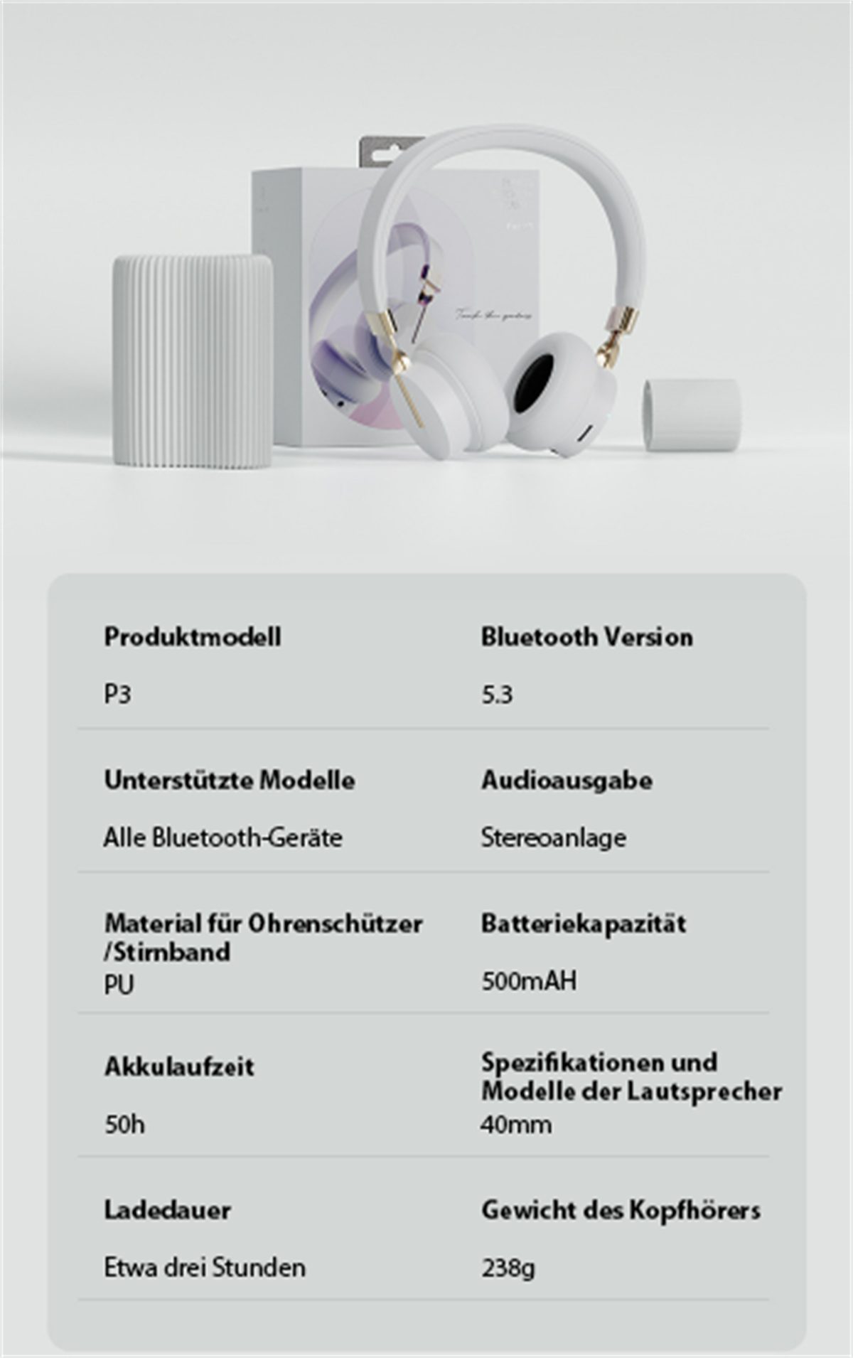 lange Kabelloses selected Weiß Bluetooth-Headset, Over-Ear-Kopfhörer 50 Headset, Stunden carefully Akkulaufzeit