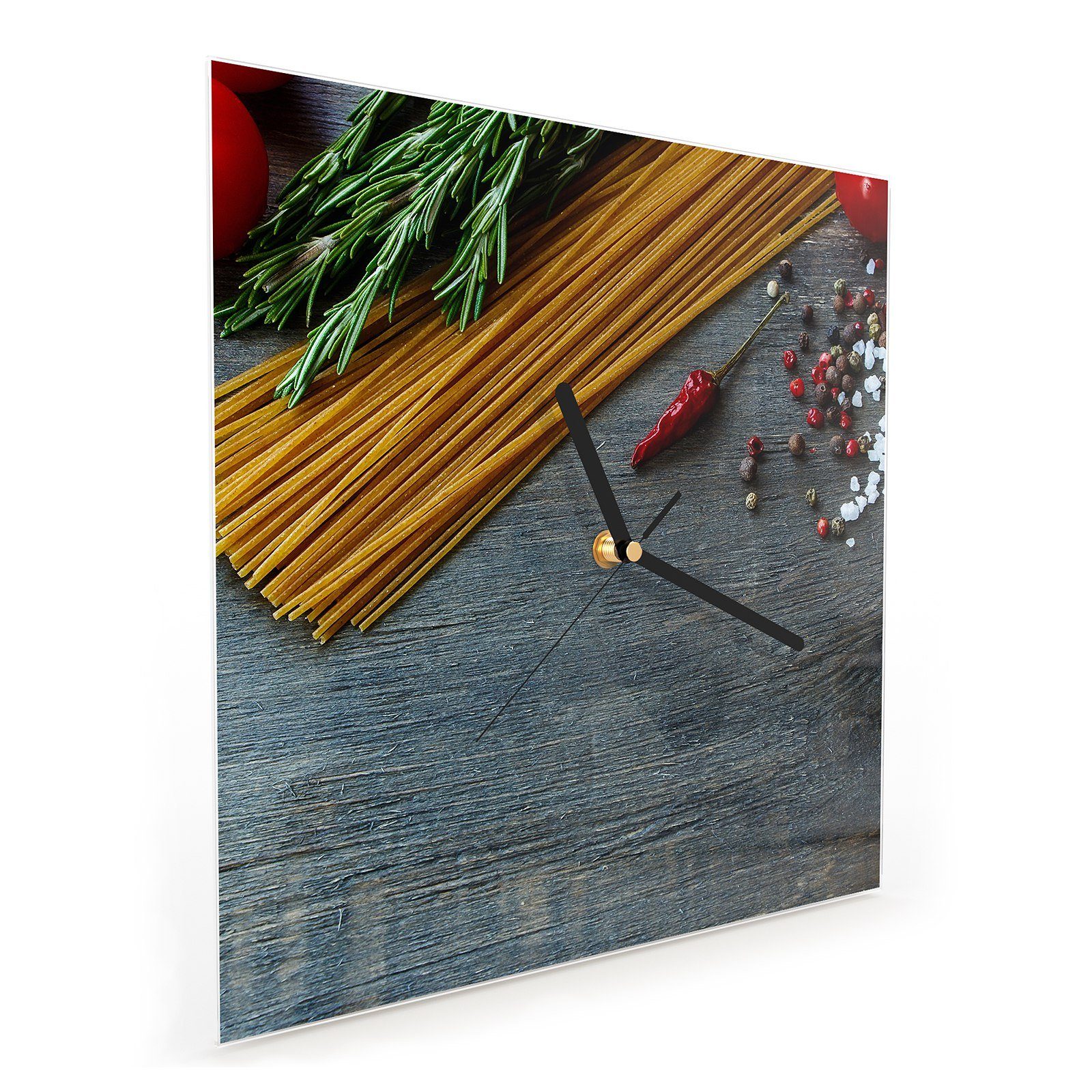 Primedeco Wanduhr Glasuhr Wanduhr und Tomaten 30 Wandkunst Größe mit Spaghetti Motiv x 30 cm