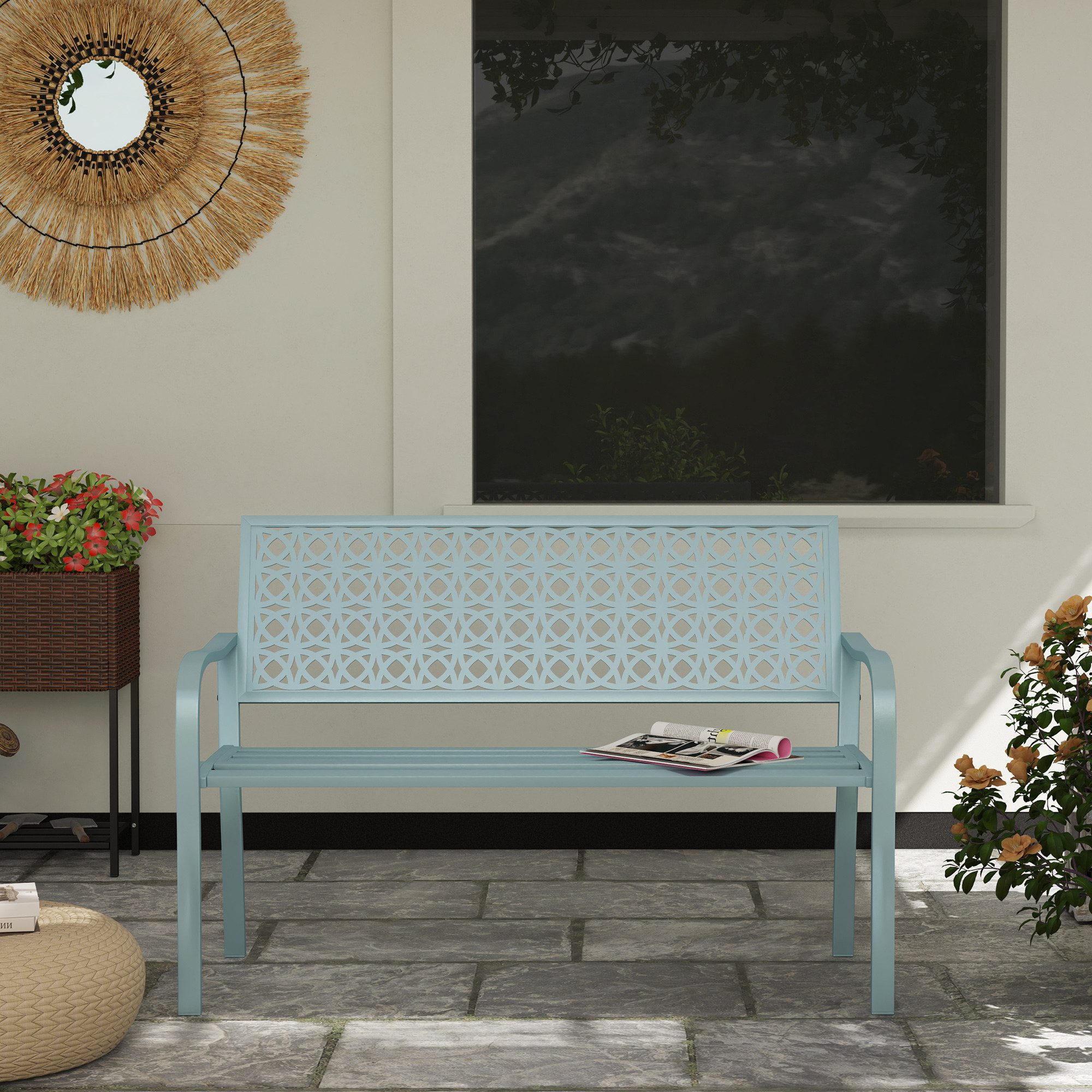 CHICFURN Gartenbank 2-Sitzer Sitzbank mit Rückenlehne und Armlehnen (Packung, 1-St., Wetterfeste Parkbank für Balkon, Terrasse und Garten, bis 240 kg), Blau, 127 x 63 x 85 cm