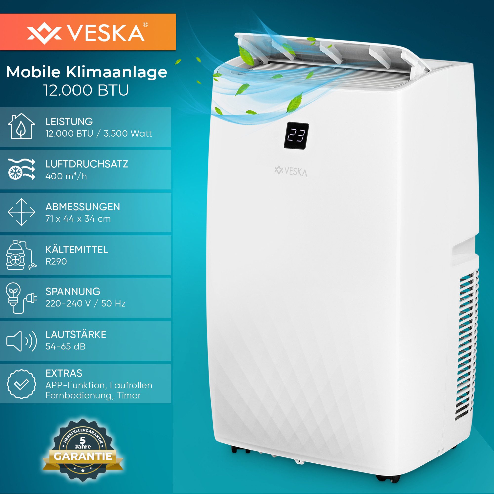 VESKA Portable Air Conditioner 12000 BTU/h - 3500 Watt, Monoblock with WiFi/App - Remote control, Timer, Dehumidifier