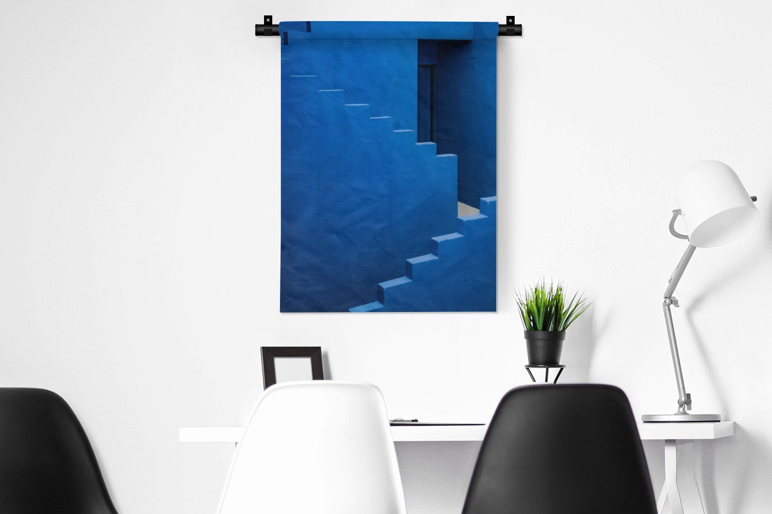 MuchoWow Wanddekoobjekt Blau Schlafzimmer Wohnzimmer, für Wand, - Architektur - der Gebäude, - an Deko Tapisserie, Treppe