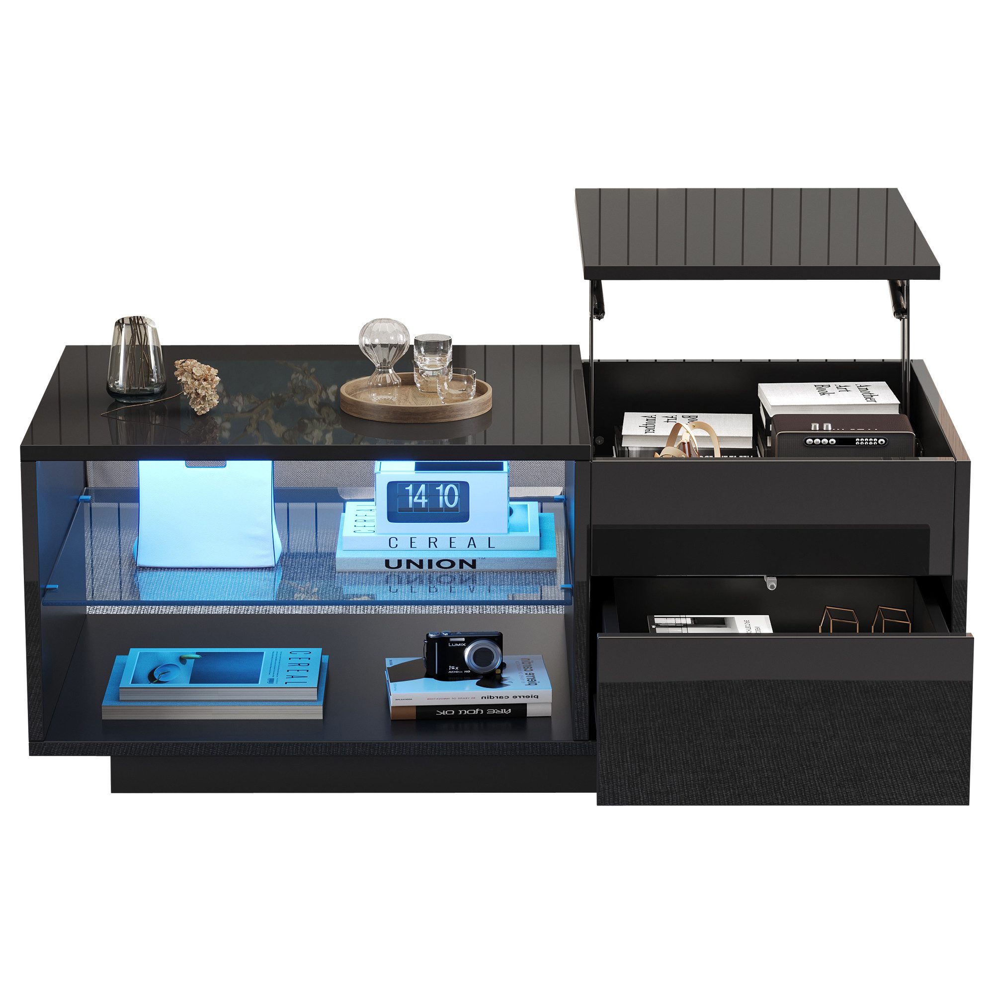 BlingBin Couchtisch Wohnzimmertisch mit LED (1er Set, 1-St., Hochglanz-Couchtisch mit 1 Schublade, 100 x 49 x 40 cm), Sofatisch mit Trennwand aus gehärtetem Glas und verstecktem Stauraum