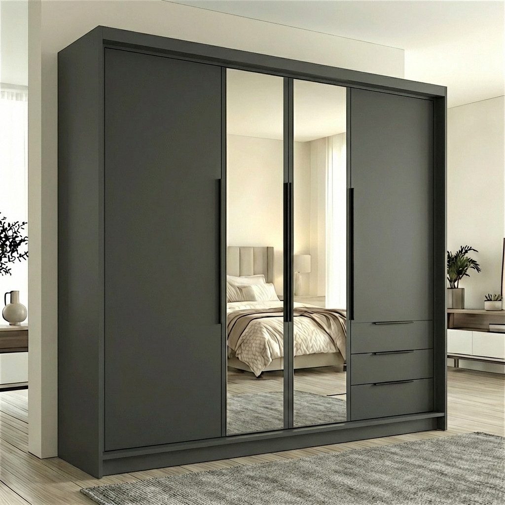 A&J MöbelLand GmbH Drehtürenschrank viertüriger Kleiderschrank mit Schubladen und Metallgriffen. (Geräumiger vier¬türiger Kleiderschrank mit Schubladen und Metallgriffen. Geräumiger Schrank mit einer Breite von 200 cm und Schubladen, ideal zur Aufbewahrung von Kleidung und Accessoires. Viel Stauraum. TOP PRODUKT! Wählen Sie das ideale Modell für Ihr Schlafzimmer!, TOP ANGEBOT) Breite: 200 cm, Höhe: 215 cm, Tiefe: 59,5 cm