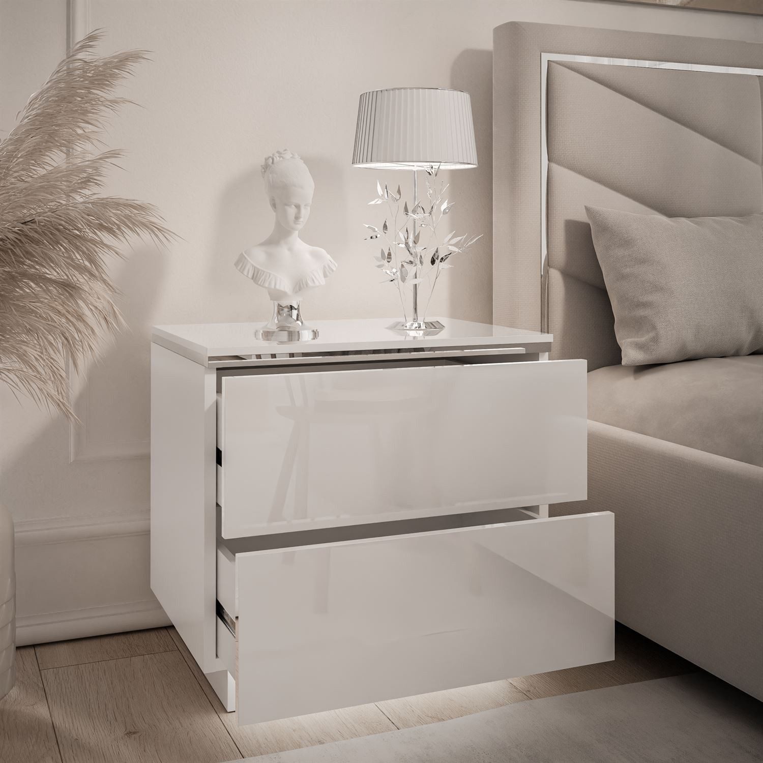 Lookway Nachttisch AURORA II SILVER mit LED‑Beleuchtung (1x Nachttisch), 50x48/53/54x37 cm – Bild 4 von 5