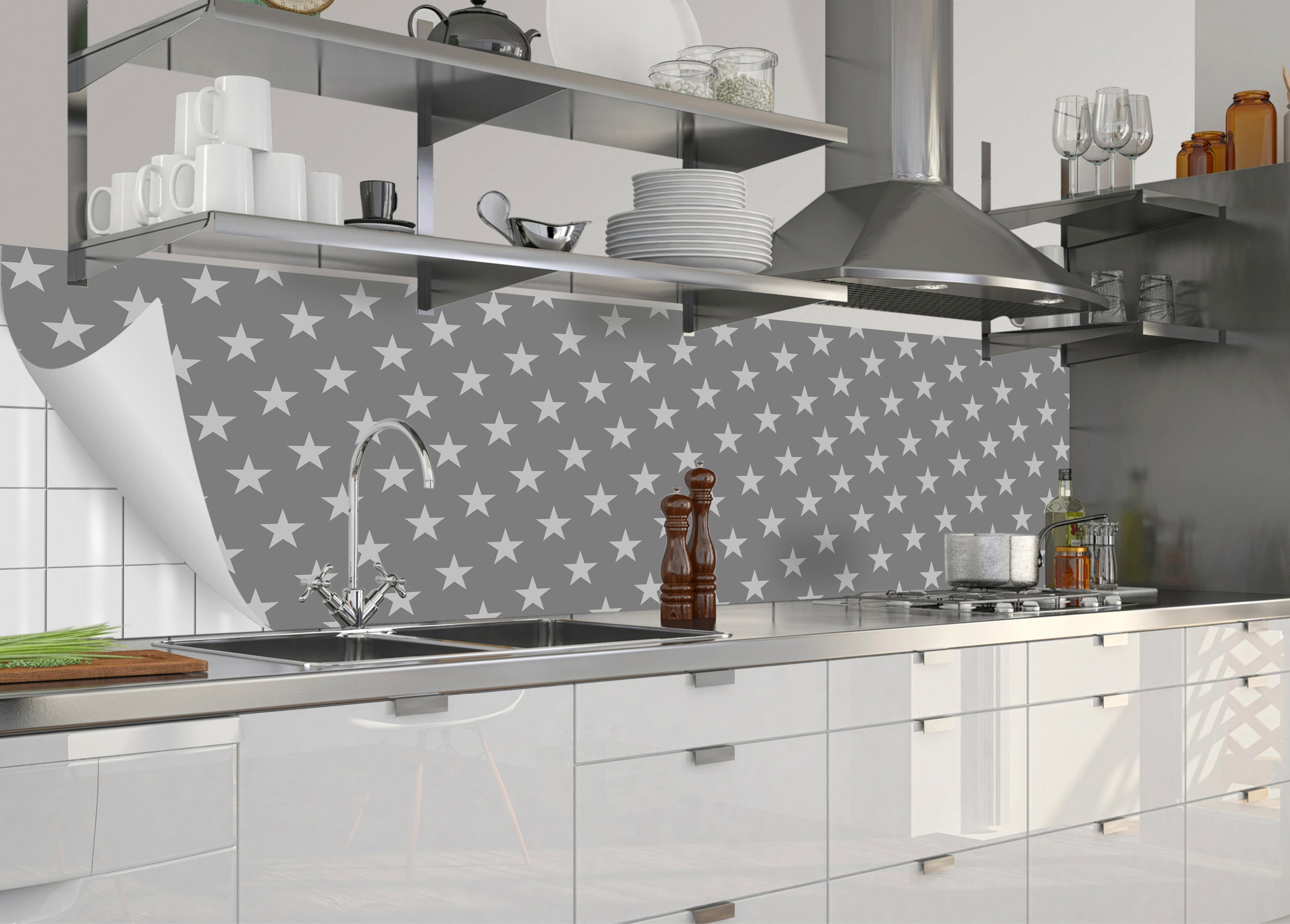 MySpotti Küchenrückwand und selbstklebende Küchenrückwand-Folie Grey, Mini Star fixy flexible