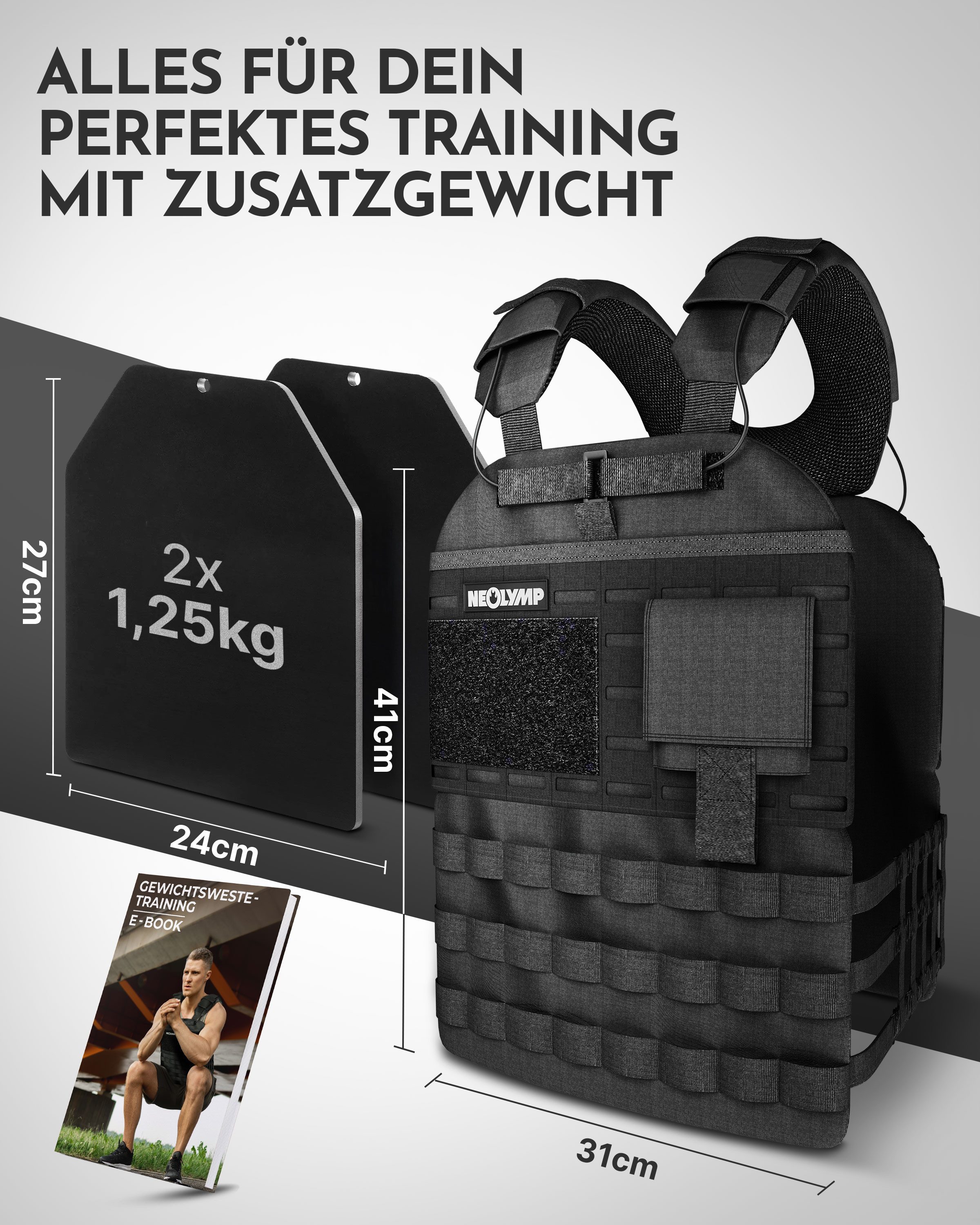 NEOLYMP Gewichtsweste Unisex Weighted Vest Plattenträger Weste mit Tasche - Kein Verrutschen, (Gewichtsweste mit 2x 1,25 kg Eisenplatten und verstellbaren Schnallen), Atmungsaktiv & Verstellbar – Calisthenics Equipment – Weight Vest Home