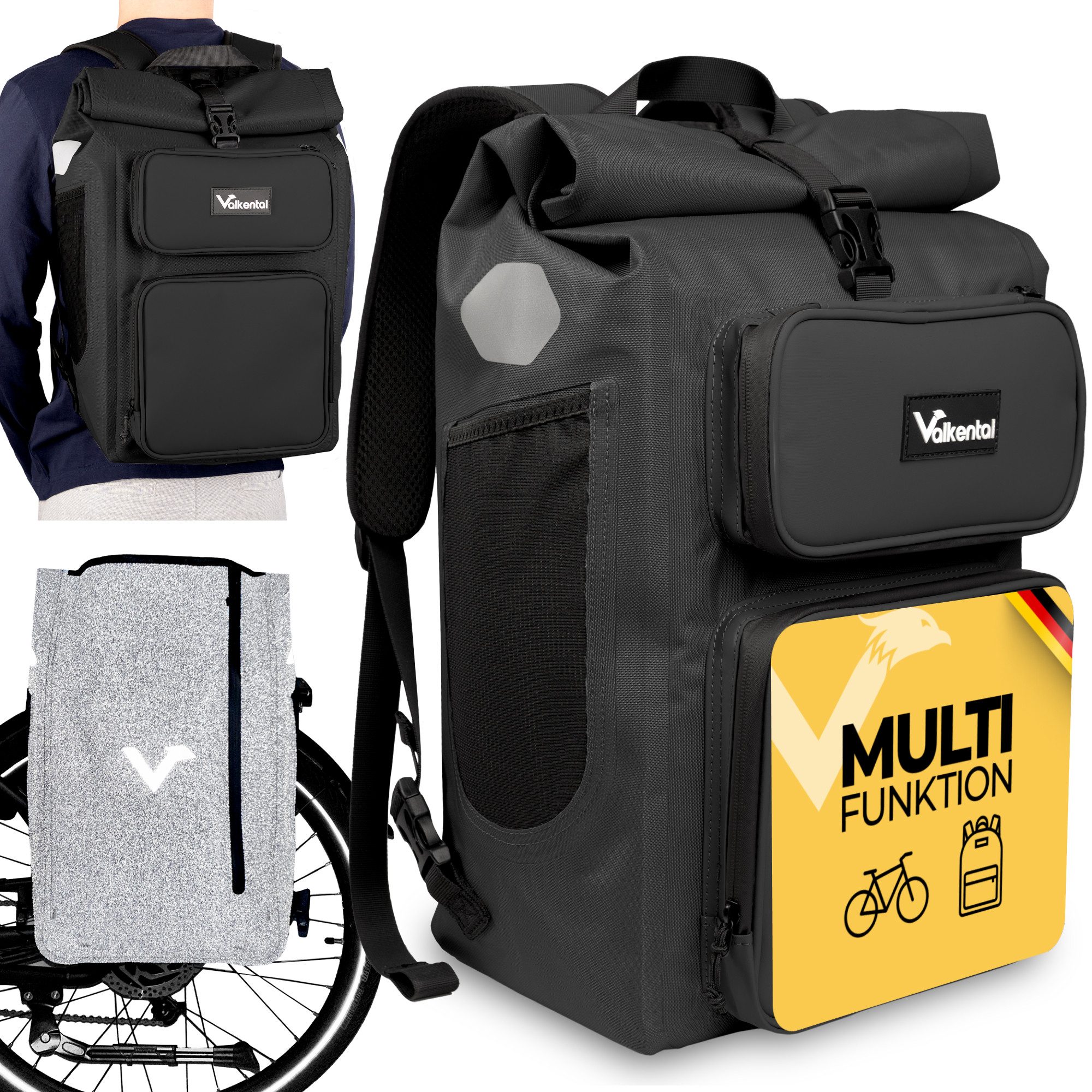 Valkental Gepäckträgertasche Gepäckträgertasche 2in1 Fahrradtasche mit Rucksackfunktion UrbanX (mit Rucksackfunktion und abschließbarer Halterung), 100 % wasserdicht & reflektierend, 28 L