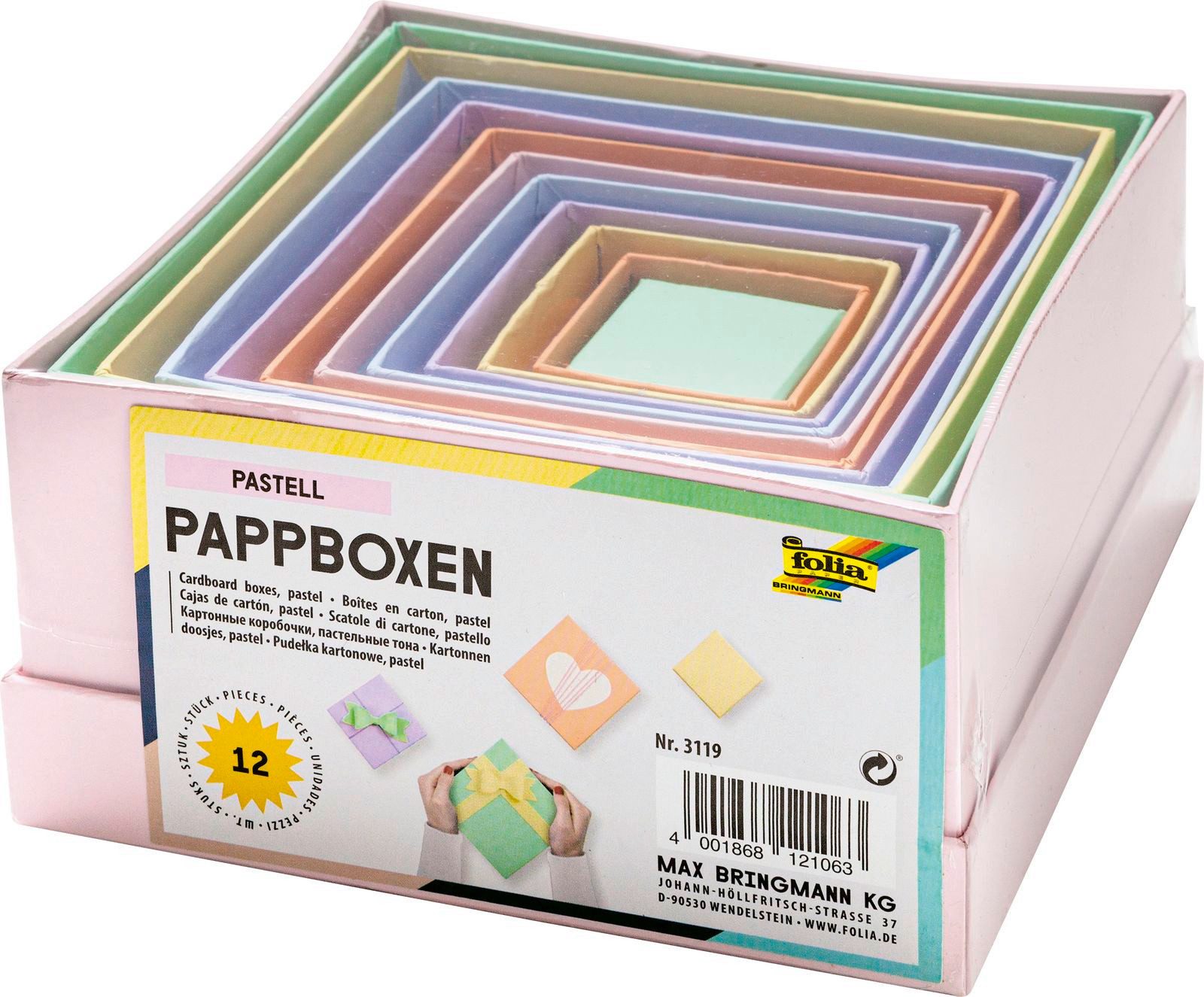 Folia Max Bringmann KG Geschenkbox Pappboxen (12 Boxen + Deckel, pastell), stapelbar und platzsparend verstaubar