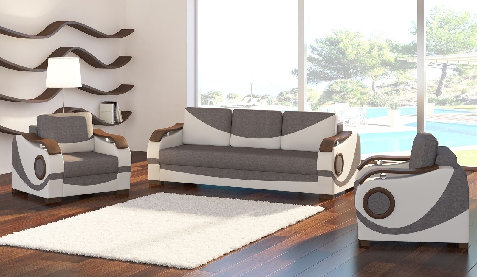 JVmoebel Sofa Sofagarnitur Puerto 3+1+1 mit Bettfunktion Set Couch Polster Sofas, Made in Europe Weiß/Grau