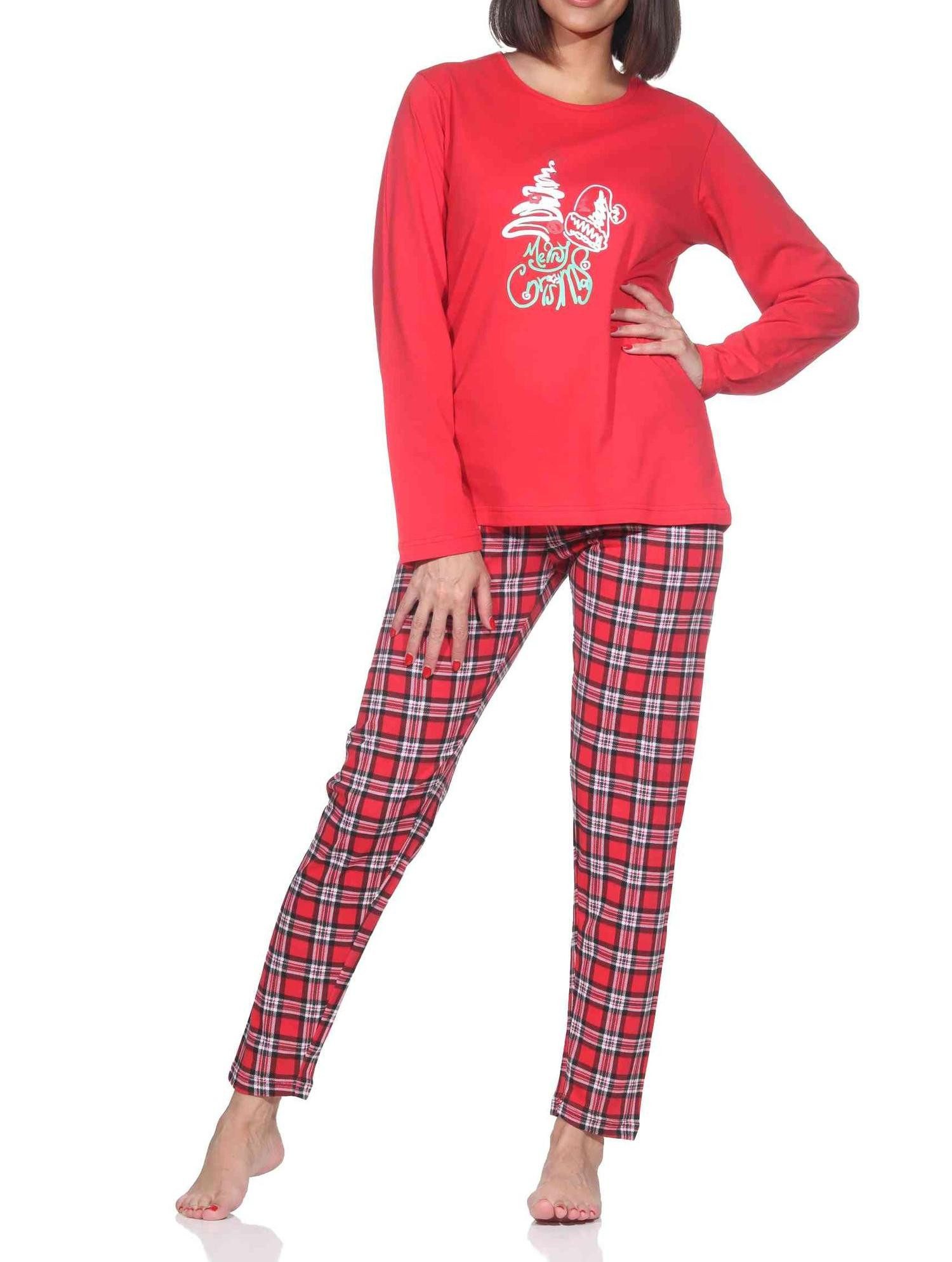 Normann Pyjama Damen Weihnachts Schlafanzug mit lustigen weihnachtlichen Motiv