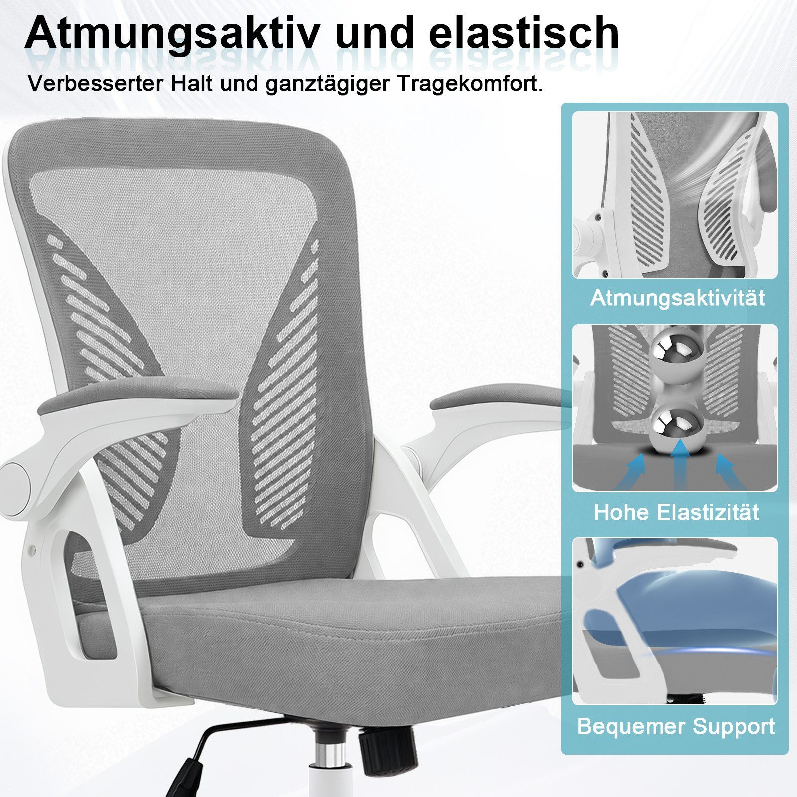 Milacyee Bürostuhl Ergonomischer Bürostuhl mit 90° klappbaren, gepolsterten Armlehnen (Höhenverstellbarer Atmungsaktiv Chefsessel mit geräuscharmen Rollen,Drehs – Bild 2 von 5