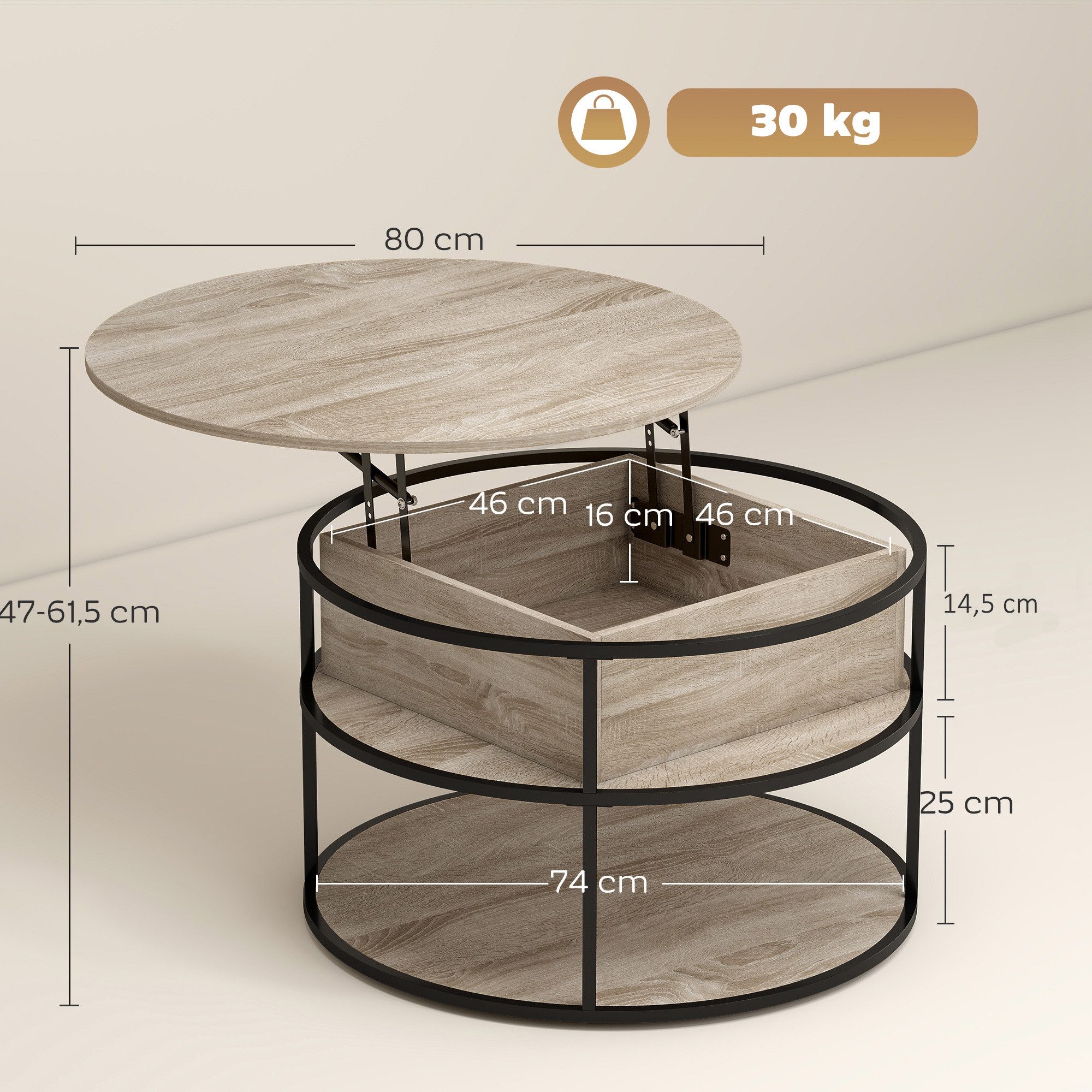 HOMCOM Couchtisch Höhenverstellbar Wohnzimmertisch mit Hebeplatte und Stauraum (runder Tisch mit Ablagefläche, verstecktem Fach, 1-St., für Wohnzimmer, Heimbüro – Bild 3 von 5