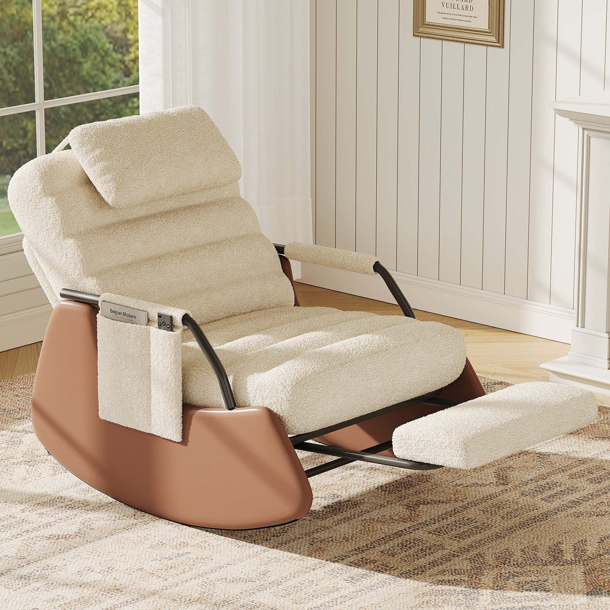 FUROKOY Schaukelstuhl Relaxsessel 3-stufia verstellbare Rückenlehne (Set, 1 St), Wohnzimmersessel mit Armlehnen und Fußstütze Teddy,Beige,67x91.5x92cm