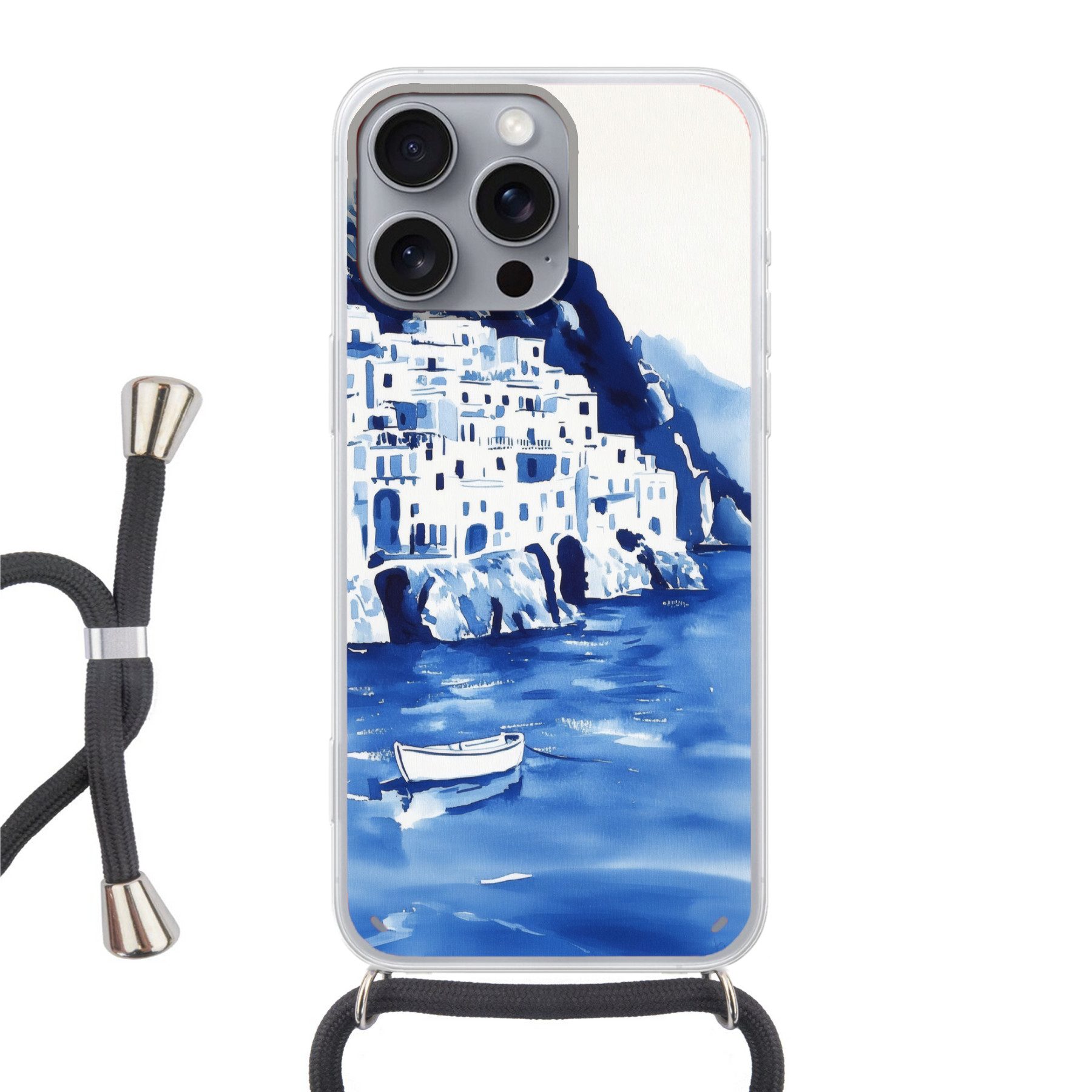 MuchoWow Handyhülle für Apple iPhone 16 Pro Max Dorf - Felswand - Ruderboot - Wasser, Tragbare Handyhüllen mit Kette zum umhängen, Handykette Handyband