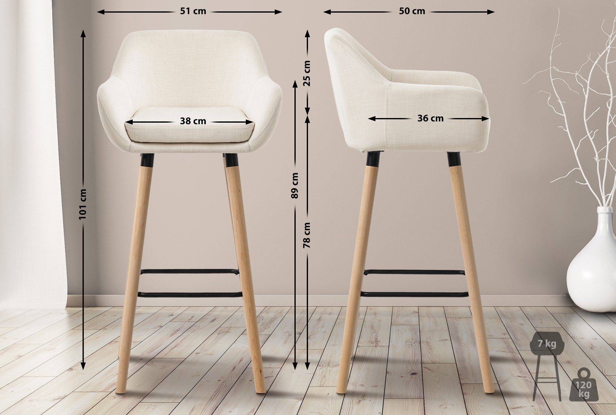 CLP Barhocker Grant (2er Set, 2 St., 2er), Stoffbezug, Buchenholzgestell