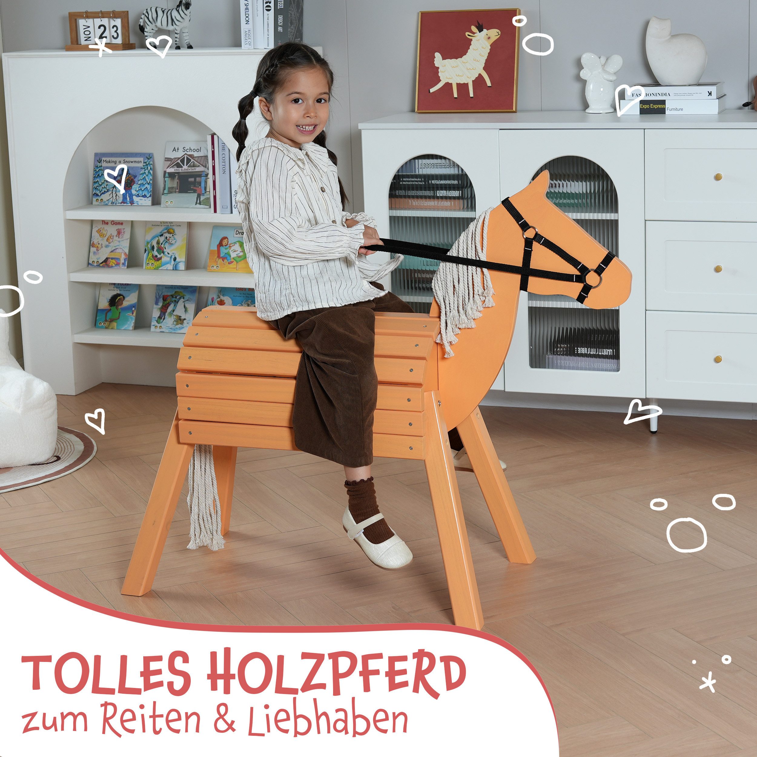 Pink Papaya Holzpferd Reitpferd aus Holz für Kinder, Holzpferd mit Mähne und Schweif, langlebig und wetterfest, fördert Kreativität und Motorik