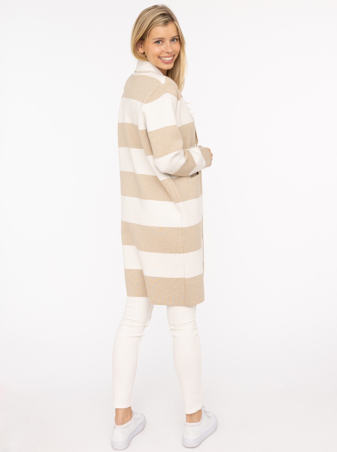 Zwillingsherz Strickjacke Schalkragen, Langarm, Taschen, knielang, Bockstreifen