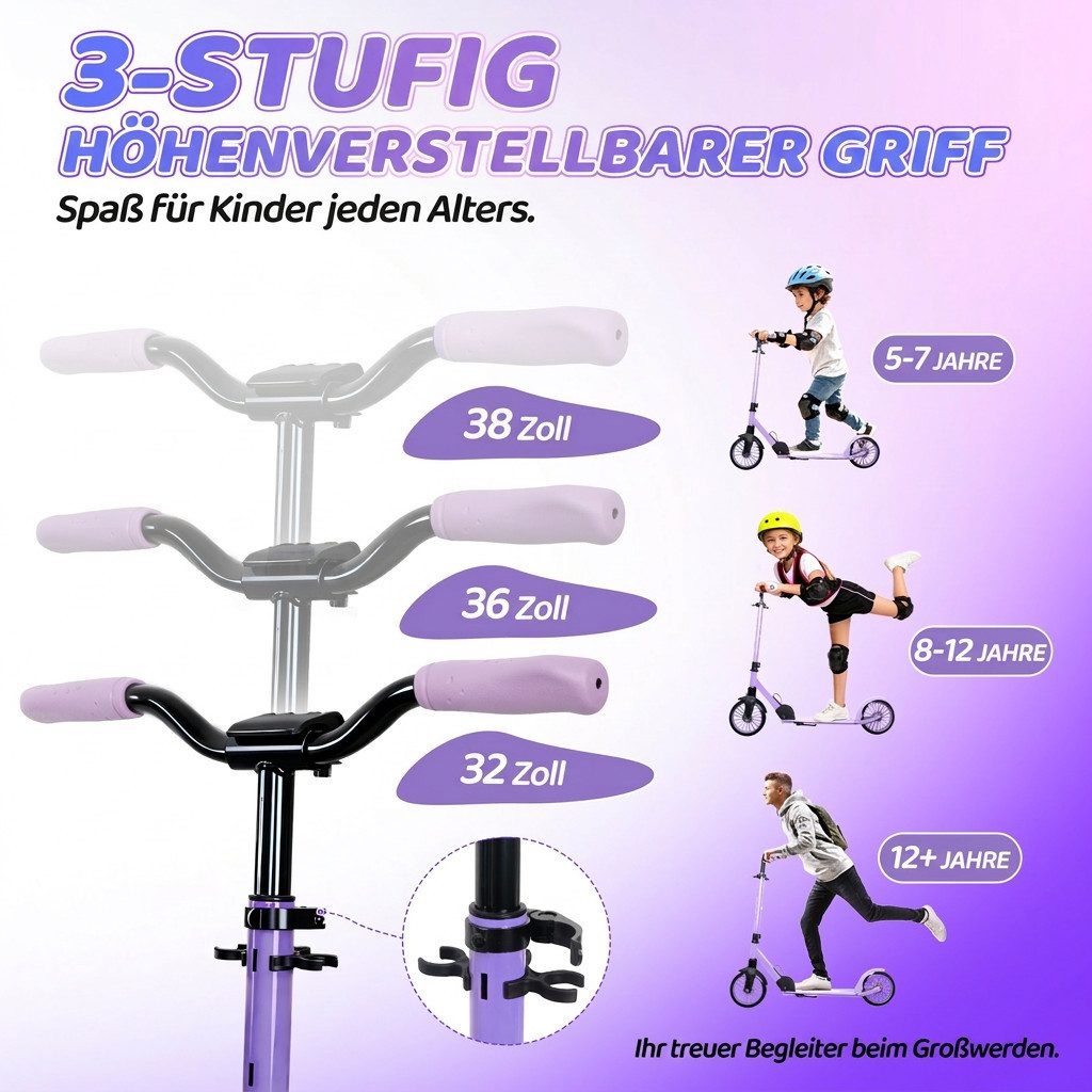 Nattork Scooter für Erwachsene, verstellbare Höhe 81-96cm, klappbar, (1 tlg), Faltbarer Tretroller mit 8" großen Rädern, Anti-Erschütterungsfederung – Bild 3 von 5