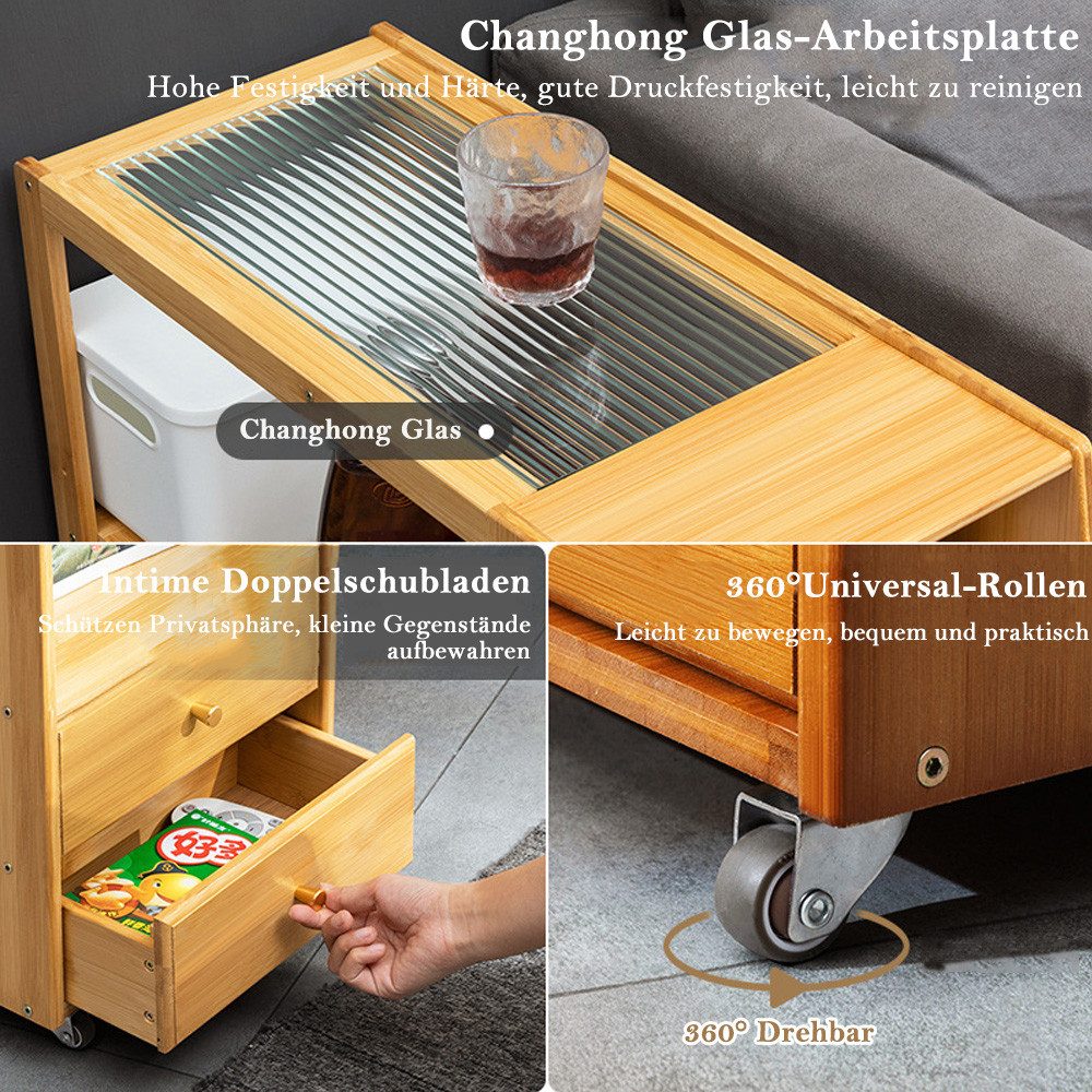 TUWENA Beistelltisch Beistelltisch mit Rollen, Couchtisch Schublade, Nachttisch Stubentisch, Bambus Sofatisch für Wohnzimmer, Schlafzimmer, Balkon, 70x30x60 cm