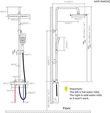 SHANFO Duschsystem Thermostat Duscharmatur Duschset Überkopfbrause,Höhen Einstellbar, Höhe 150 cm, 3 Strahlart(en), mit 4 Funktion Handbrause und 11.8 * 7.5 Inch Quadrat Regendusche