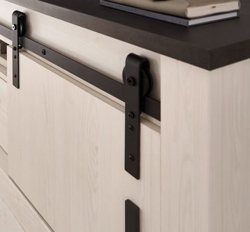 Furn.Design Küchenbuffet Stove (Küche in weiß Pinie und anthrazit, 3-St., Singleküche Landhaus) mit Soft-Close, mit Schwebetür