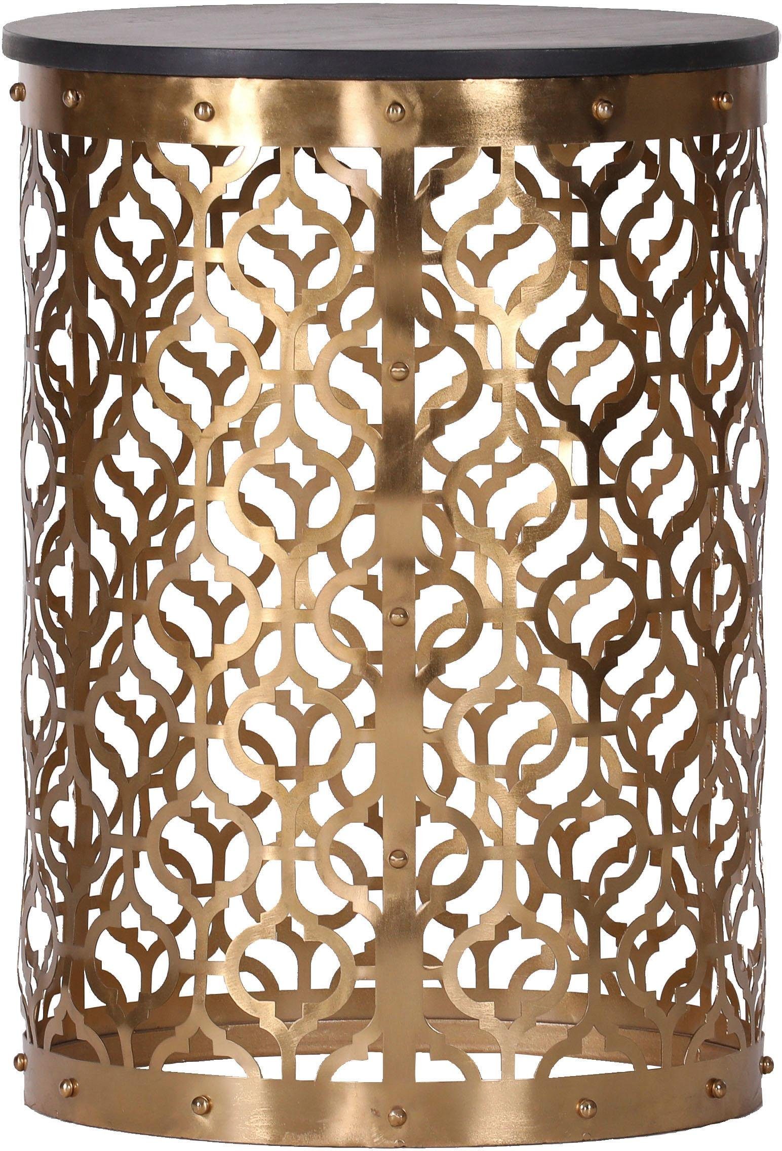 Leonique Beistelltisch Menton, mit kunstvollem Metallgestell in gold und dunkler Massivholzplatte