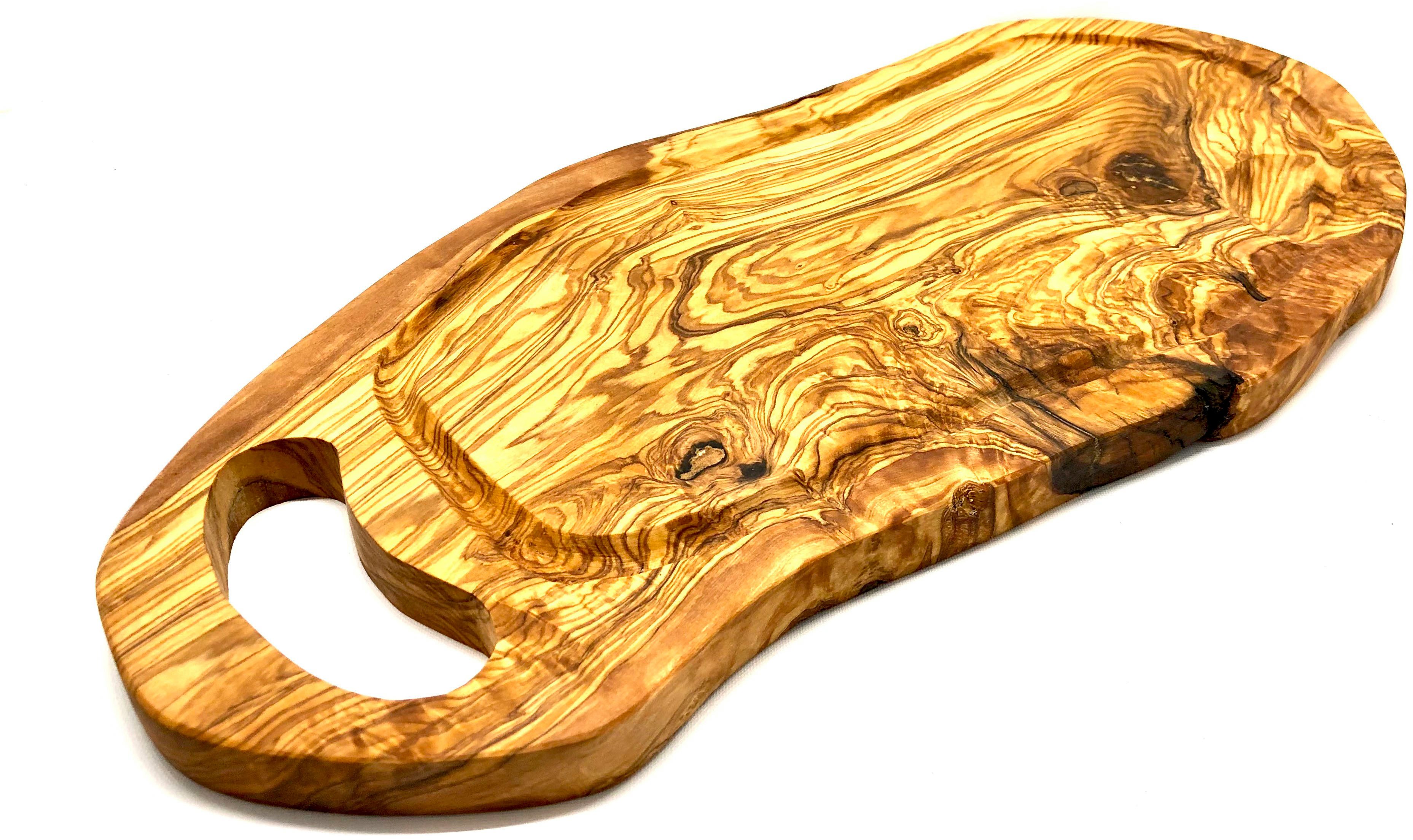 Olivenholz-erleben Servierbrett mit Grifflasche aus hochwertigem naturbelassenem Olivenholz, Massivholz, (1-St), Brett zum Wenden, Seite mit Saftrille, glatte Seite, mit Grifflasche