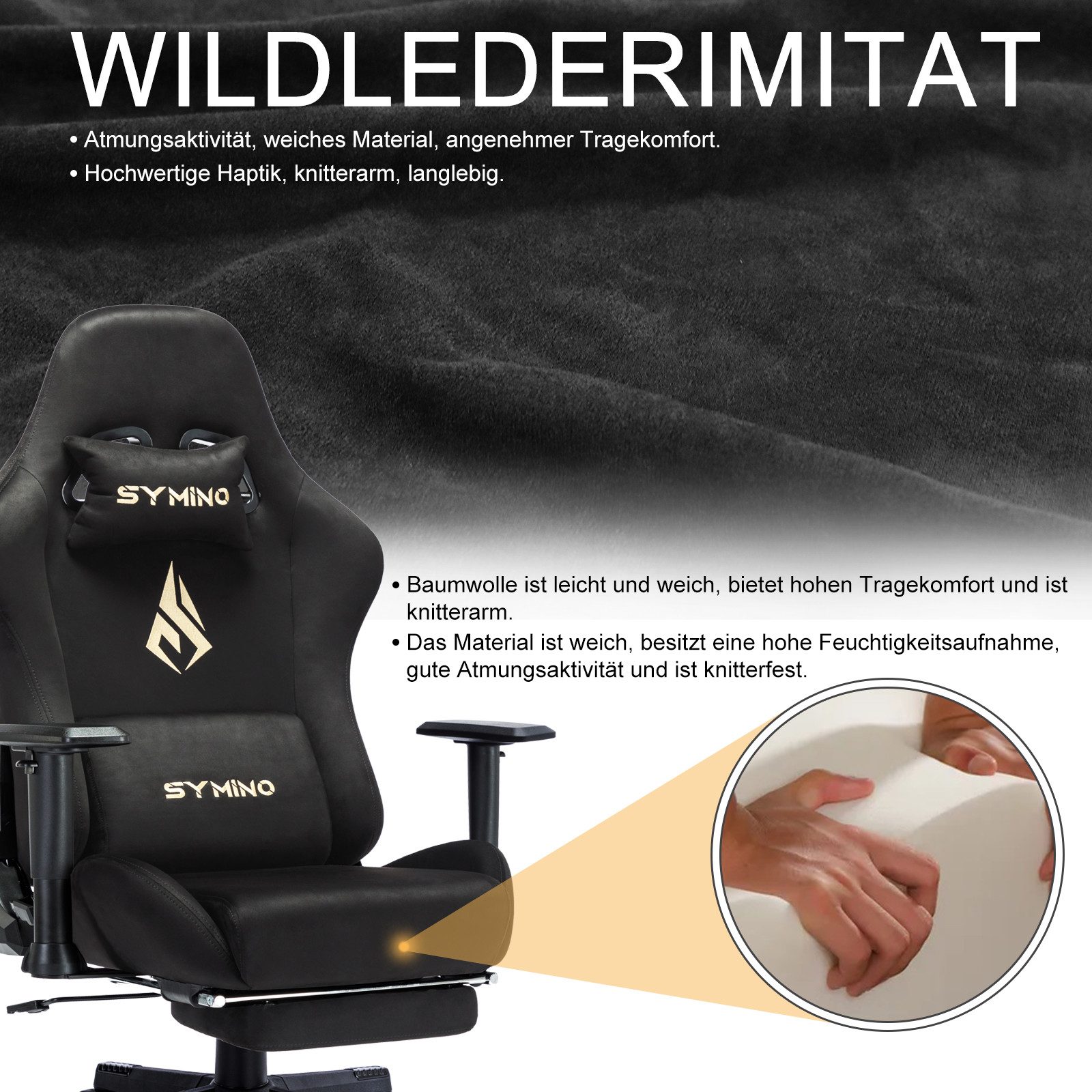symino Gaming-Stuhl Drehstuhl, verstellbare Armlehnen und Rückenlehne, Memory Foam-Kissen mit Fußstütze, Schwarz