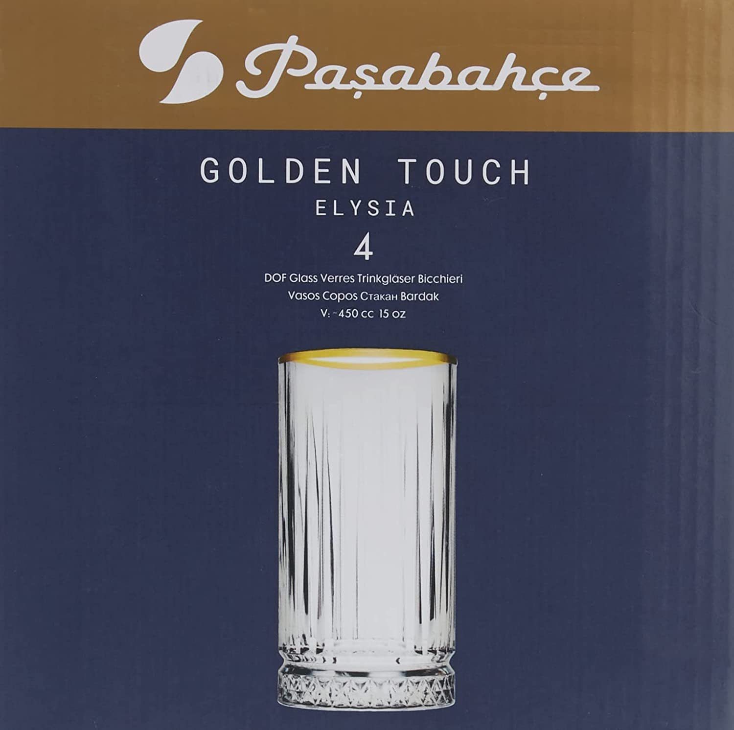 Pasabahce Longdrinkglas Elysia Glas im Retro-Design und Kristall-Look 280ml 4-Stück Gold, 4-tlg., Glas