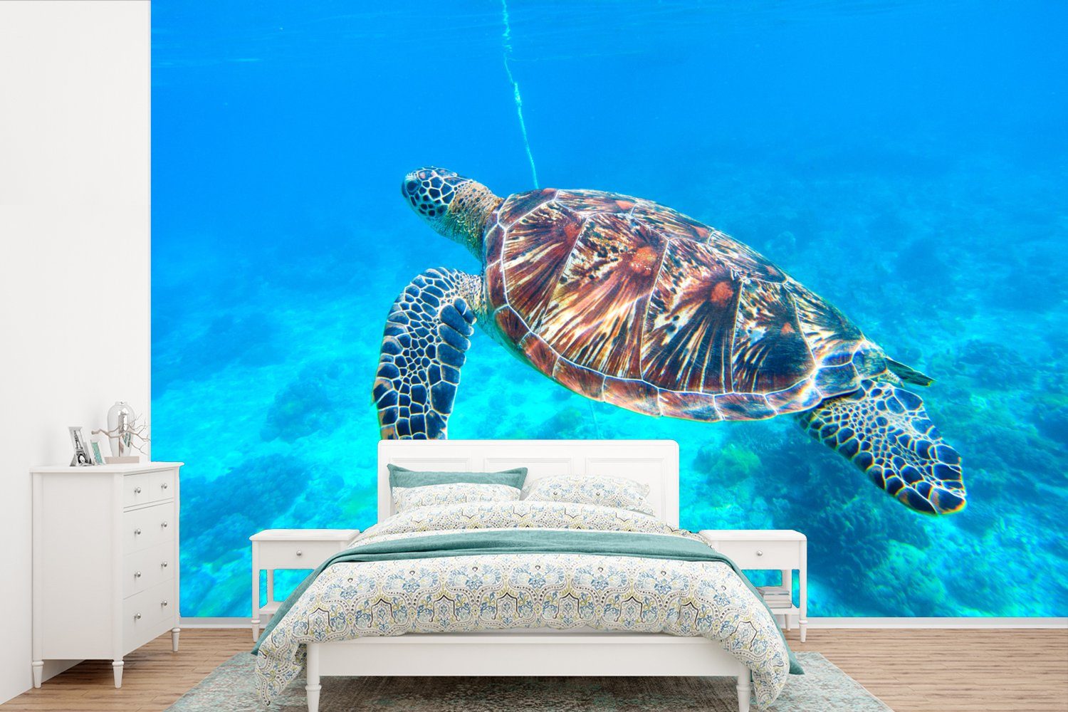 MuchoWow Fototapete Schildkröte - Meer - Blau, Matt, bedruckt, (6 St), Wallpaper für Wohnzimmer, Schlafzimmer, Kinderzimmer, Vinyl Tapete