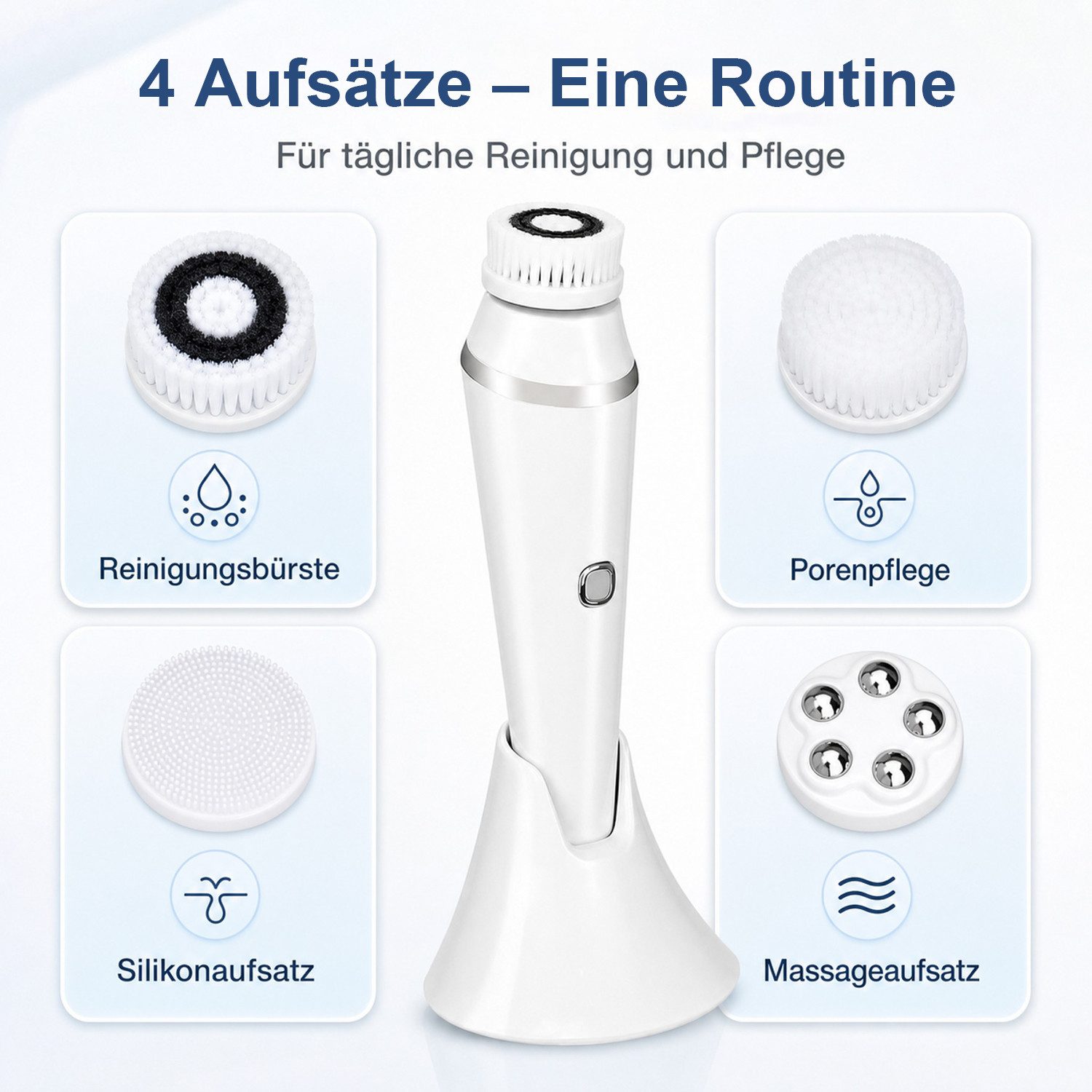 AIMAX Gesichtsreinigungsbürste 4 in 1 Elektrische Gesichtsbürste Wasserdichte, mit 4 Bürstenköpfen 3 Geschwindigkeiten Gesichtsreinigungsbürste, für Tiefenreinigung, Peeling und Gesichtsmassage