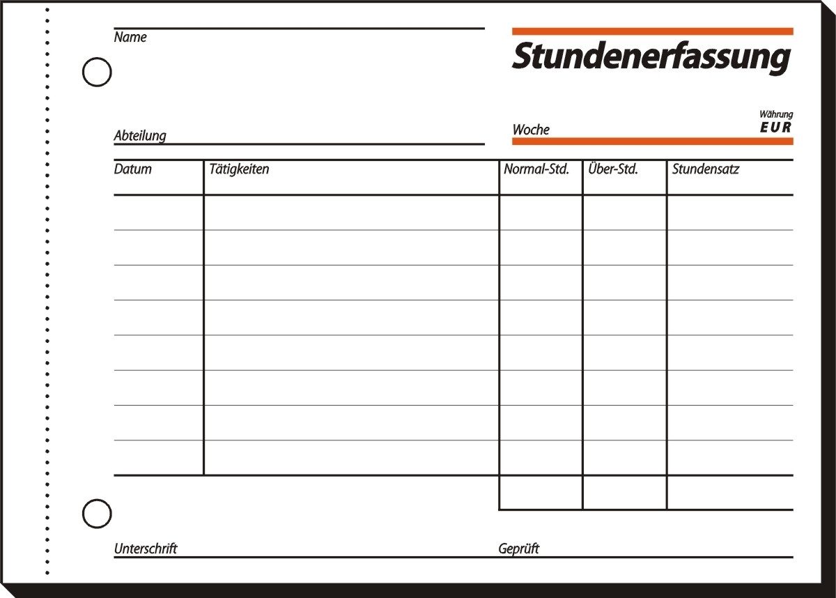 Formularblock Stundenerfassung A6 quer 60g/qm mit Blaupapier 50 Blatt.