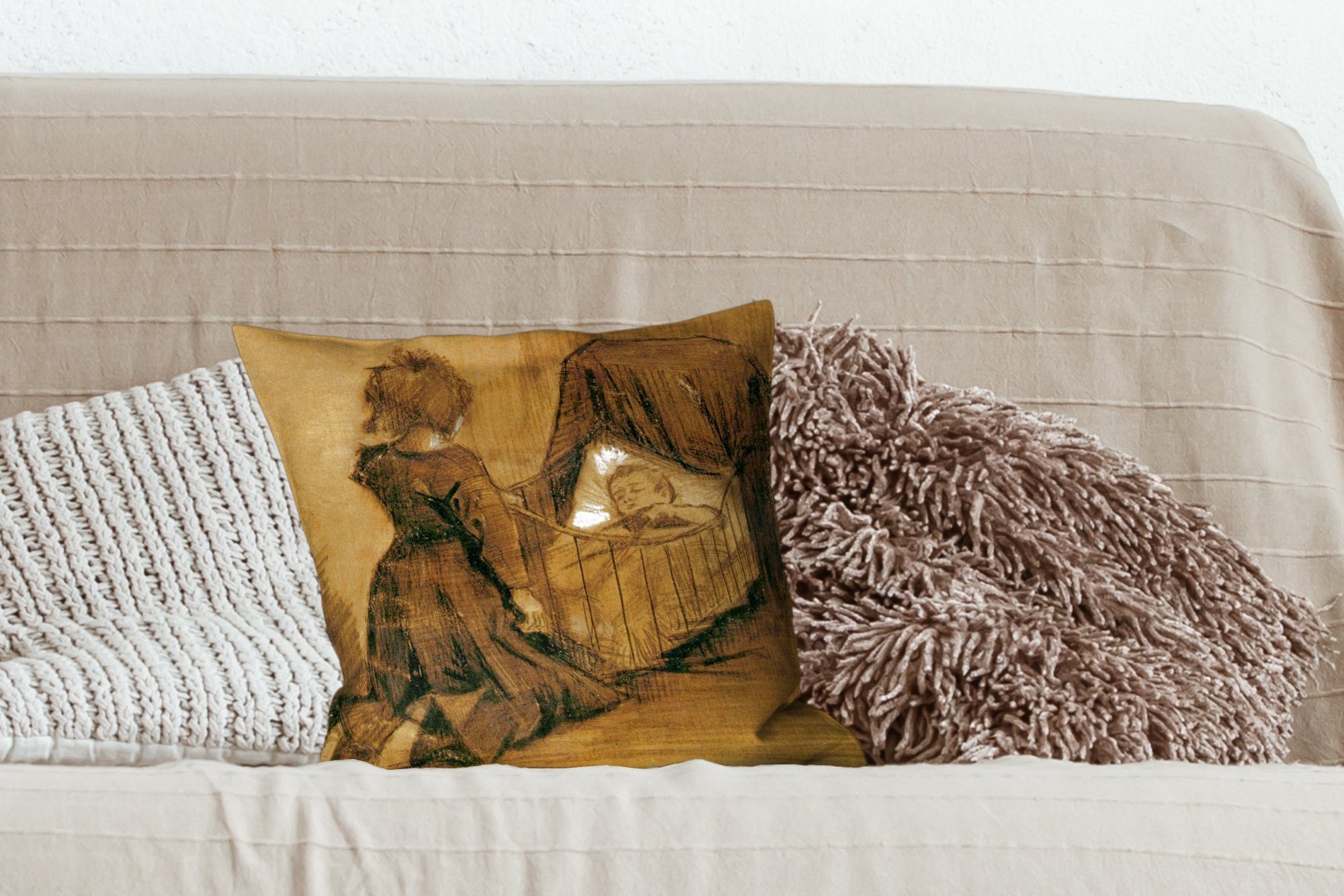 Füllung mit Wiege - Zierkissen kniend für einer Schlafzimmer, Wohzimmer, Vincent Sofakissen Mädchen Dekokissen van Deko, Gogh, bei MuchoWow