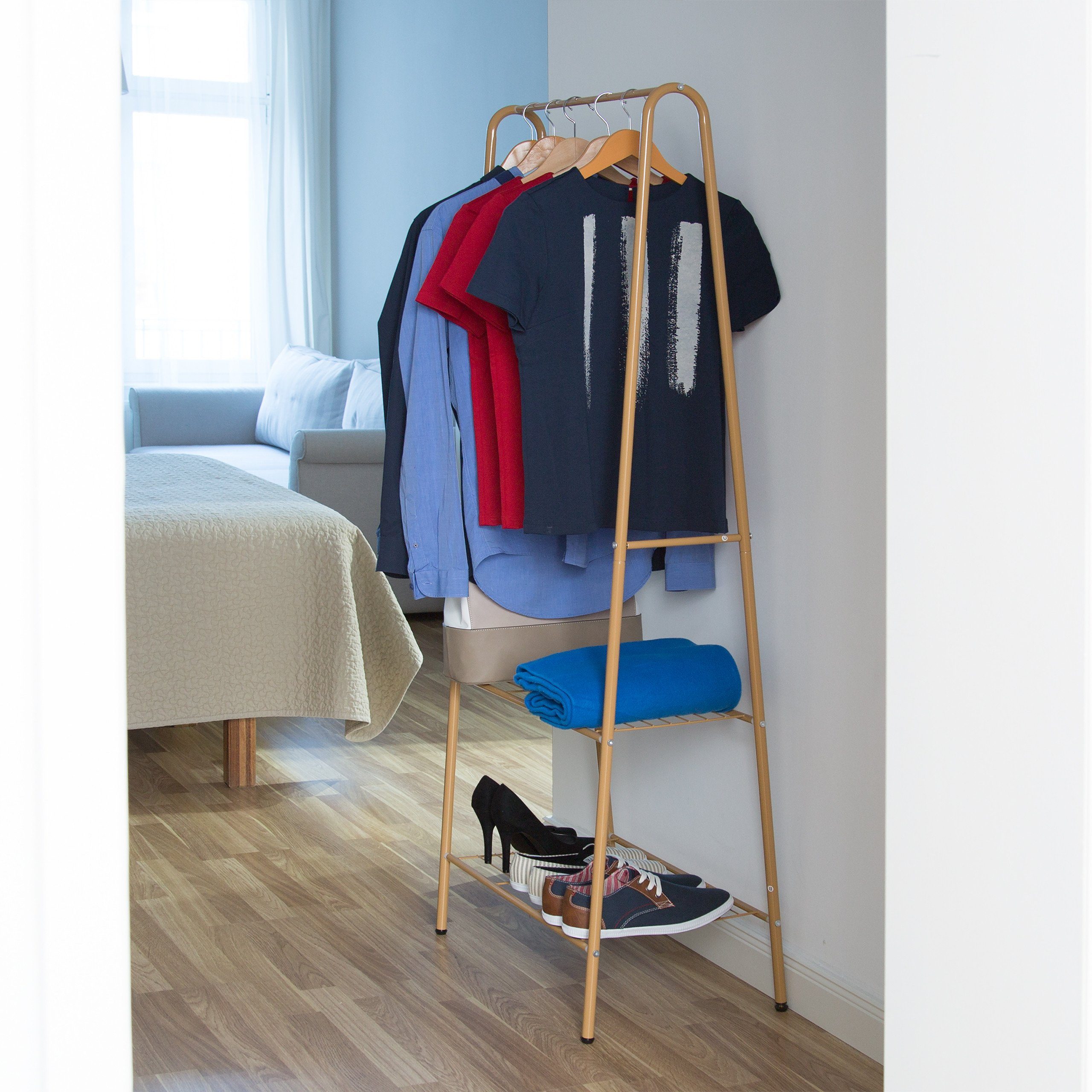 relaxdays Kleiderständer 2 Ablagen SANDRA, Honigbraun günstig online kaufen