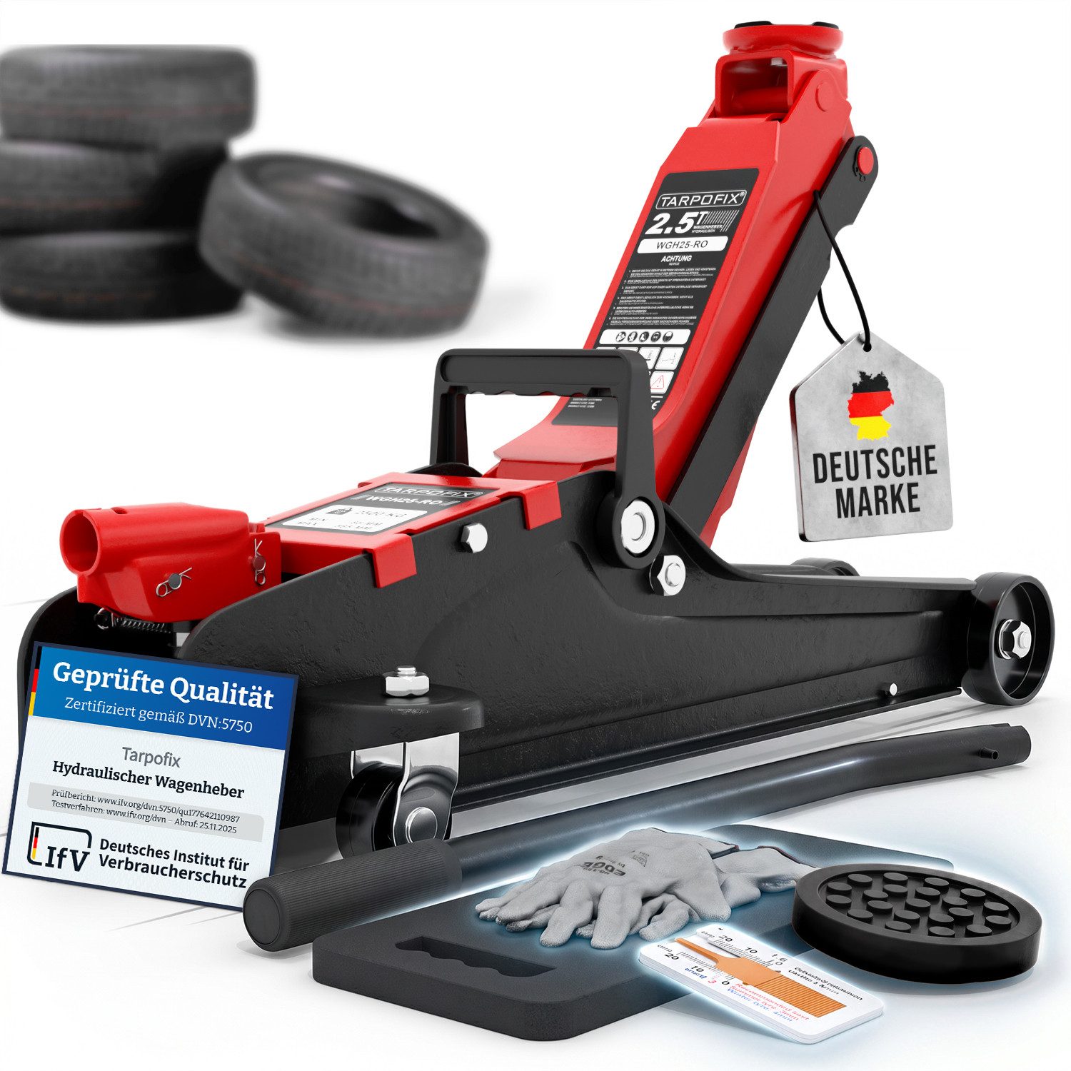 Tarpofix® Wagenheber hydraulisch flach SUV tiefergelegt EN 1494, max. Hubhöhe: 38 cm, Rangierwagenheber mit Rollen, 6-tlg., inkl. Handschuhe & Kniematte, 2,5 t Hub 85-380 mm