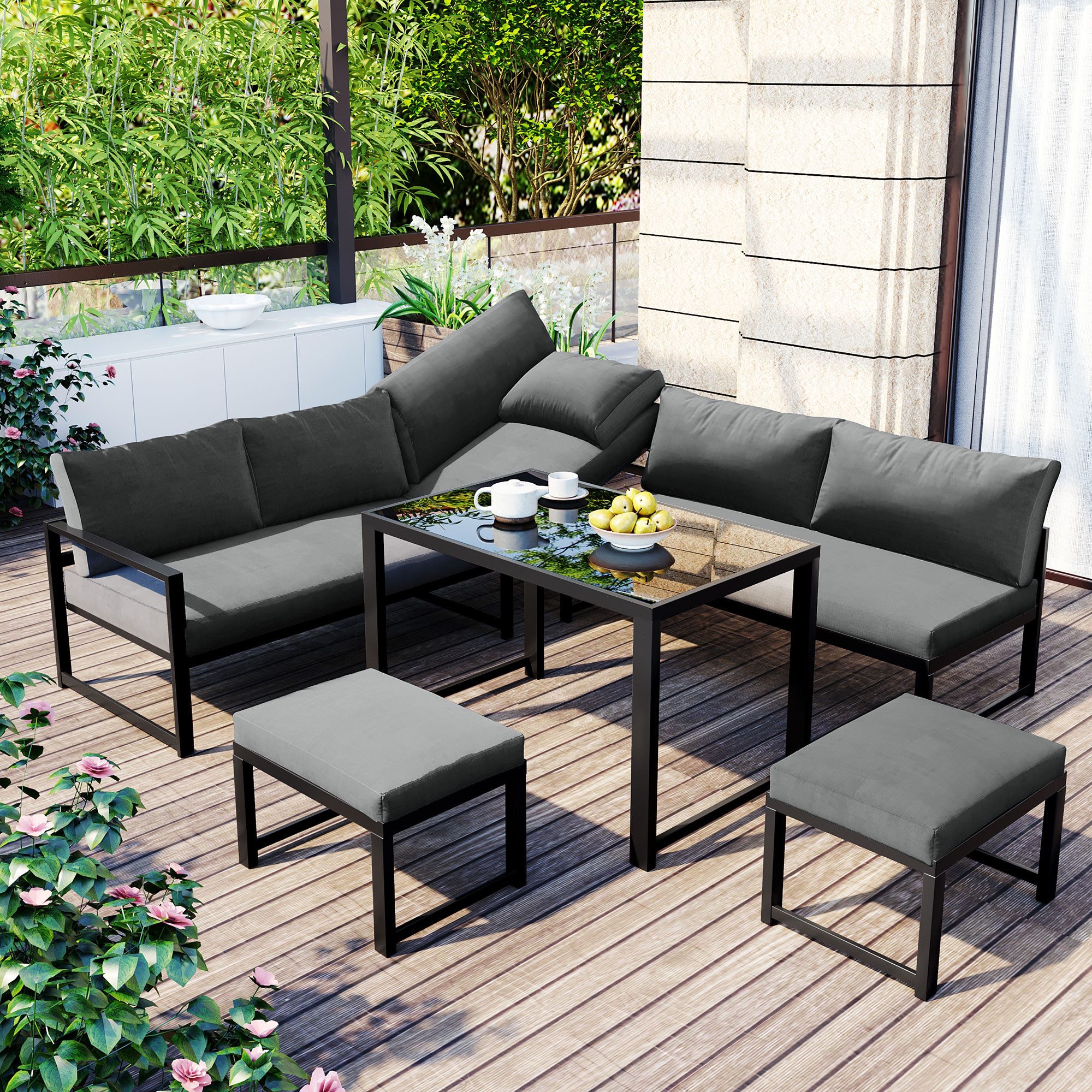 XDOVET Gartenlounge-Set Aluminium Sitzgruppe für Garten Balkon, mit Liegefunktion, Vierter Gang verstellbare Rückenlehne, Tisch mit Sicherheits