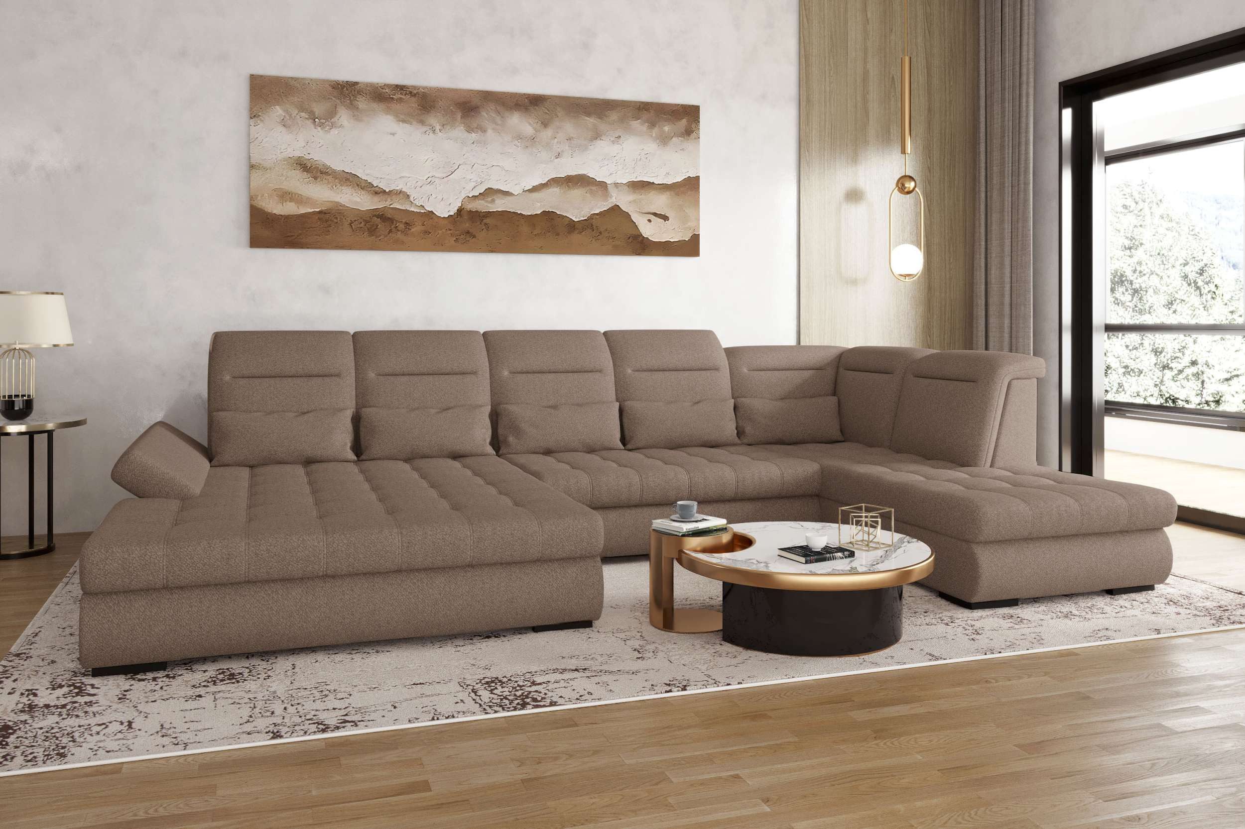 99rooms Wohnlandschaft Toscana, Sofa, U-Form, Bettfunktion, Rundumbezug aus gepolstertem Velours VOGUE
