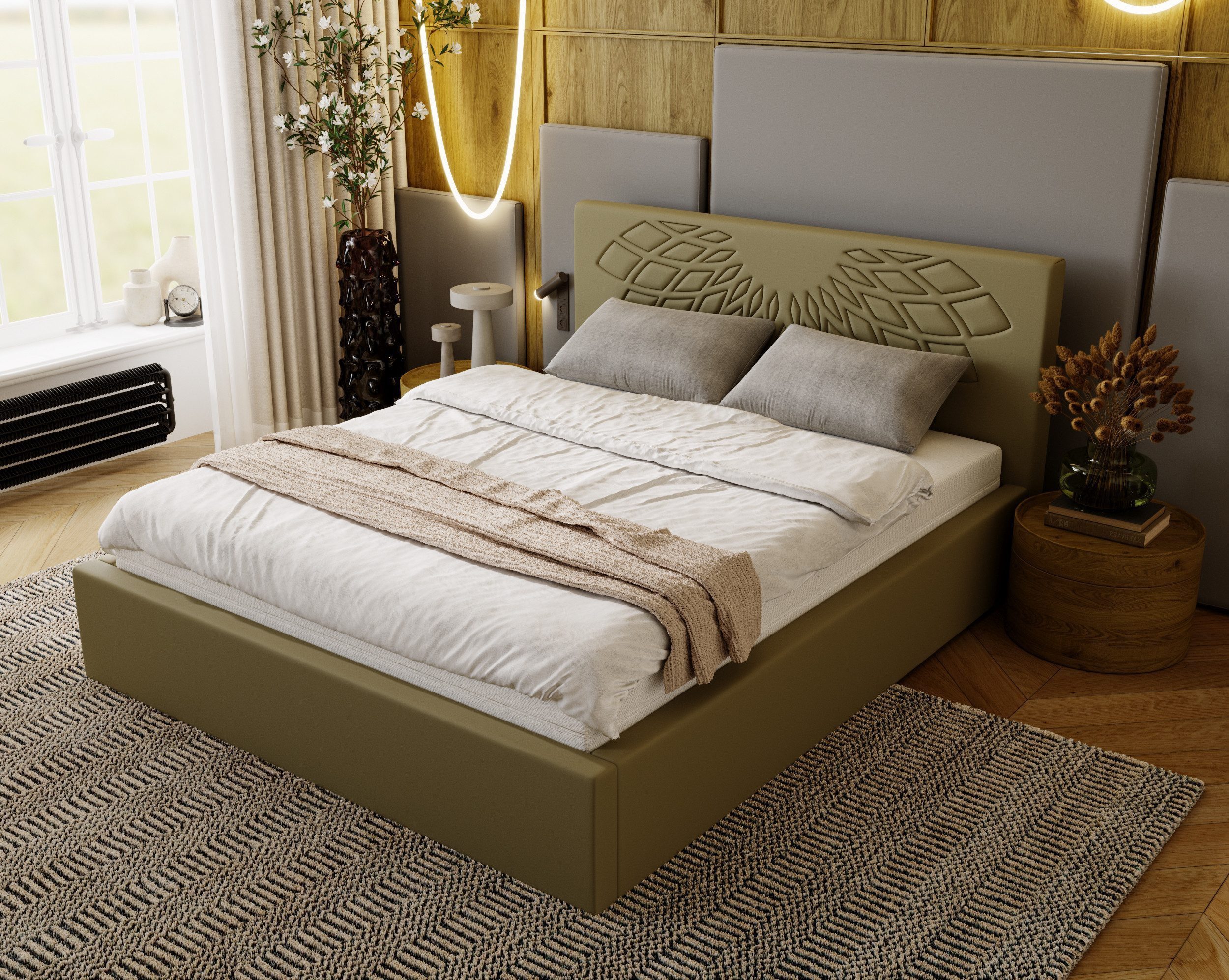 Goldstoff Polsterbett mit Bettkasten - Doppelbett LOTUS - Stauraumbett Bettgestell (Bett verfügbar in 4 Größen: 140x200 160x200 180x200 200x200cm, Lattenrost), mit gepolstertem Kopfteil