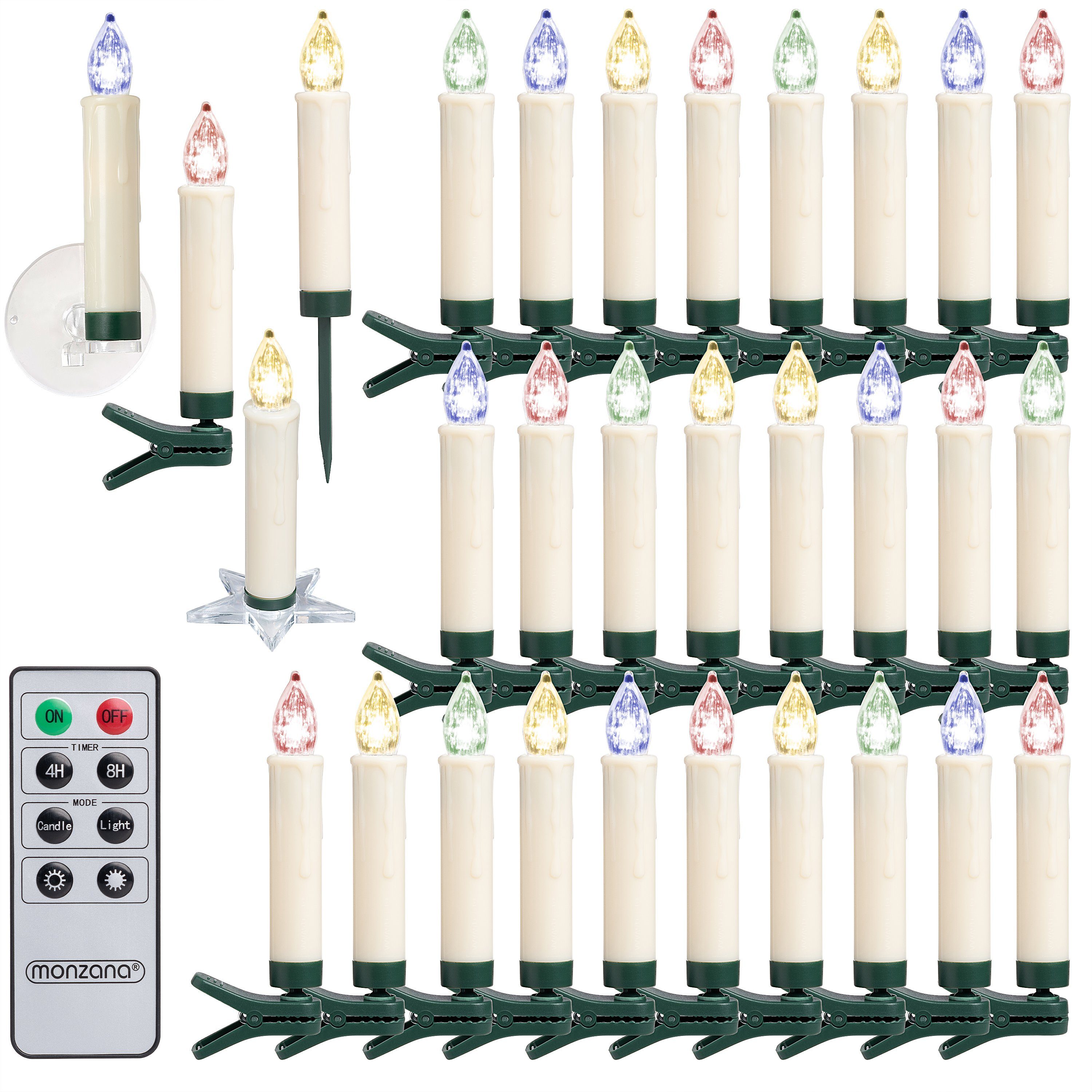 monzana Christbaumkerzen, 30er Set Kabellos mit Fernbedienung und Zubehör Bunt LED Timer Dimmbar Flackerfunktion Batteriebetrieben Christbaumkerzen Tannenbaumkerzen Weihnachtskerzen Weihnachtsbaumkerzen