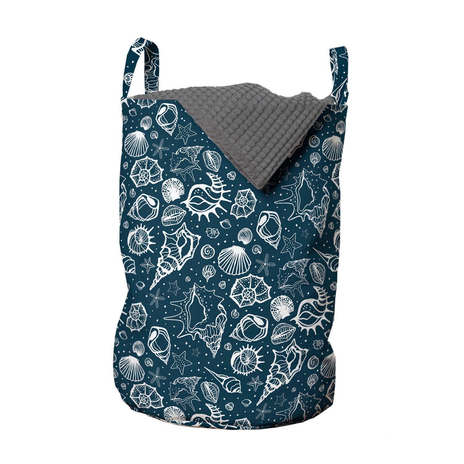 Abakuhaus Wäschesäckchen Wäschekorb mit Griffen Kordelzugverschluss für Waschsalons, Blau und weiß Sea Shells Kunst